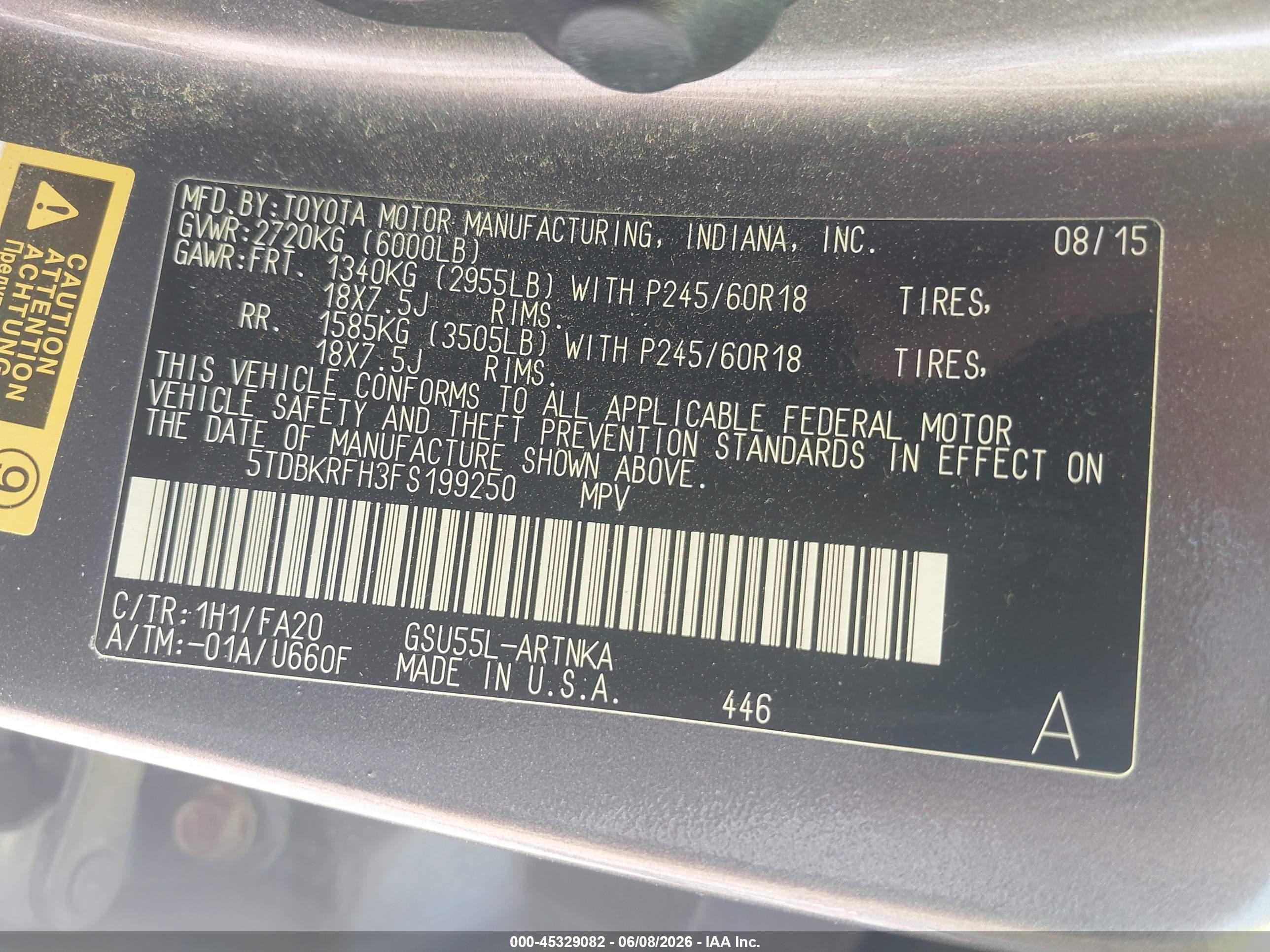 2015 Toyota Highlander Le Plus V6 Gray vin: 5TDBKRFH3FS199250
