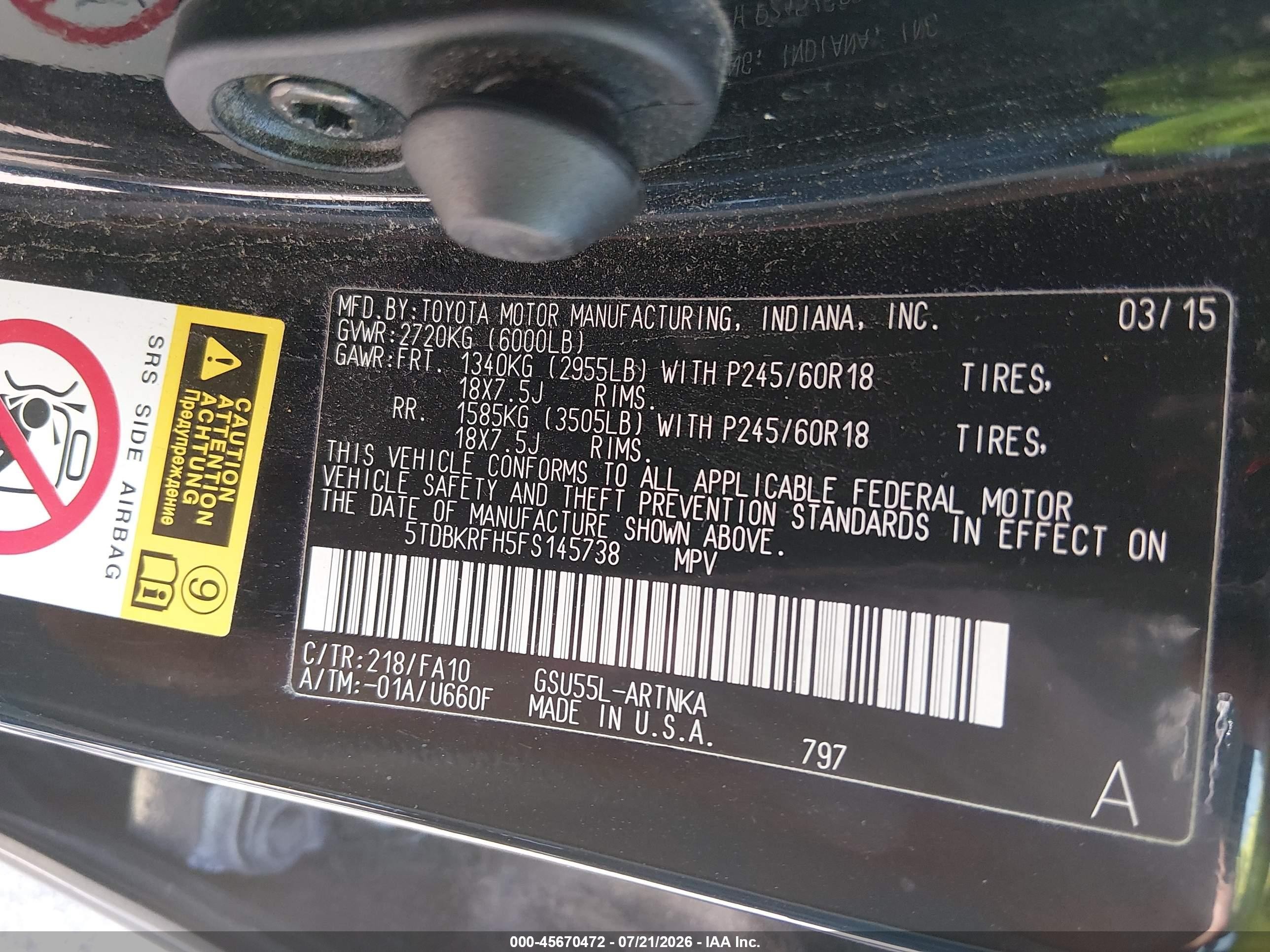 2015 Toyota Highlander Le Plus V6 Черный vin: 5TDBKRFH5FS145738