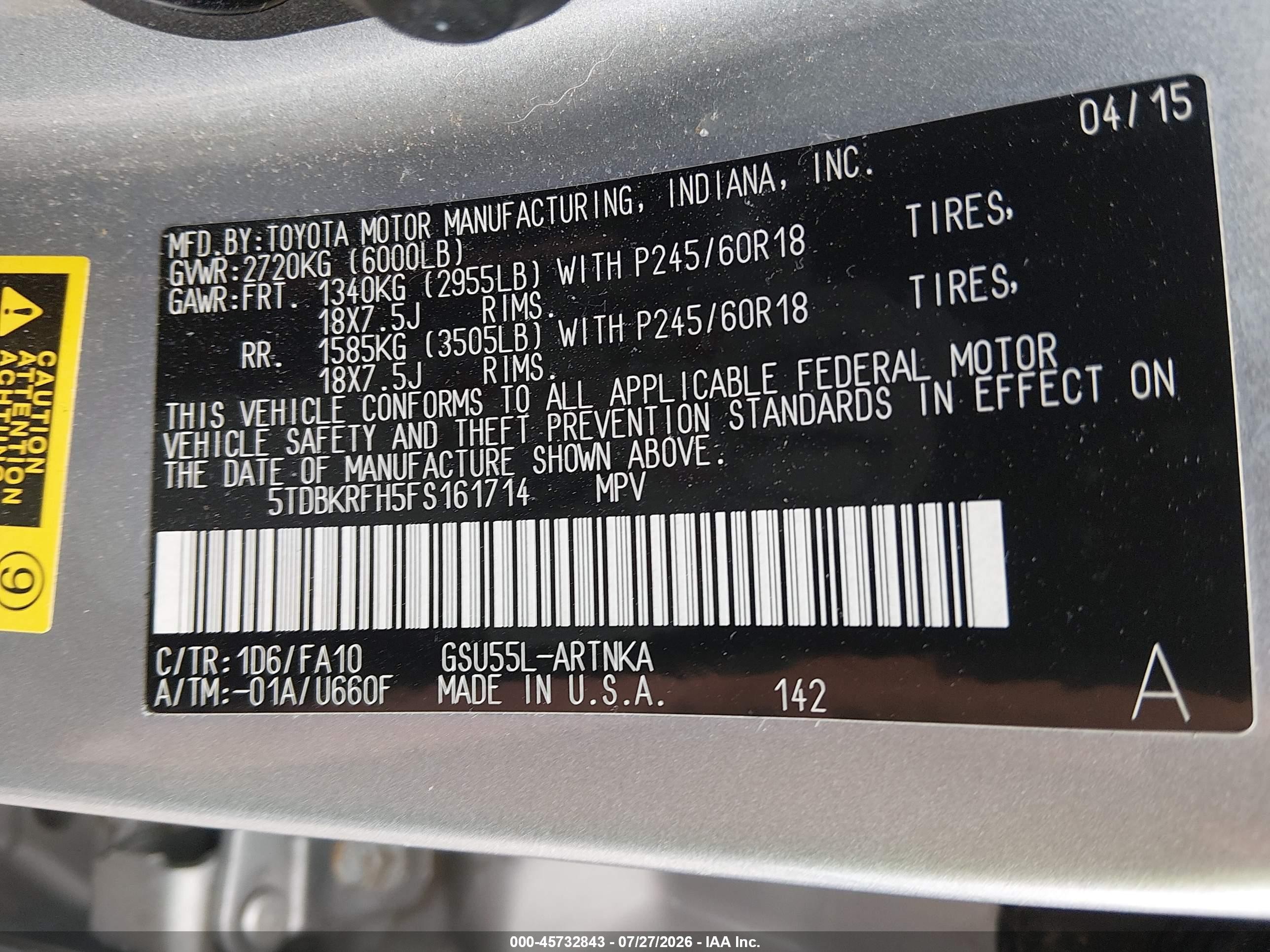2015 Toyota Highlander Le Plus V6 Silver vin: 5TDBKRFH5FS161714