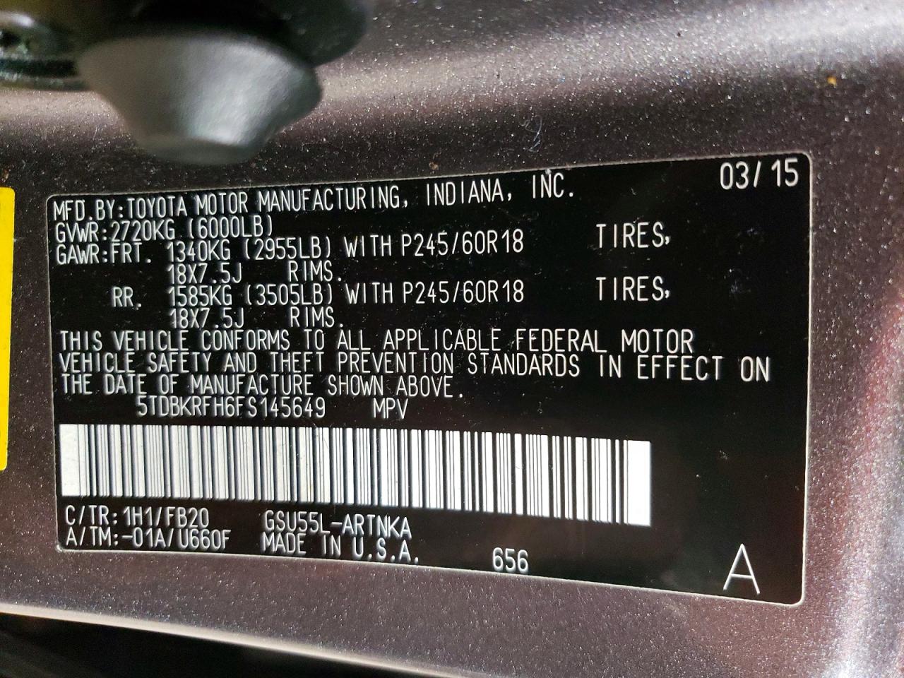 2015 Toyota Highlander Le Gray vin: 5TDBKRFH6FS145649