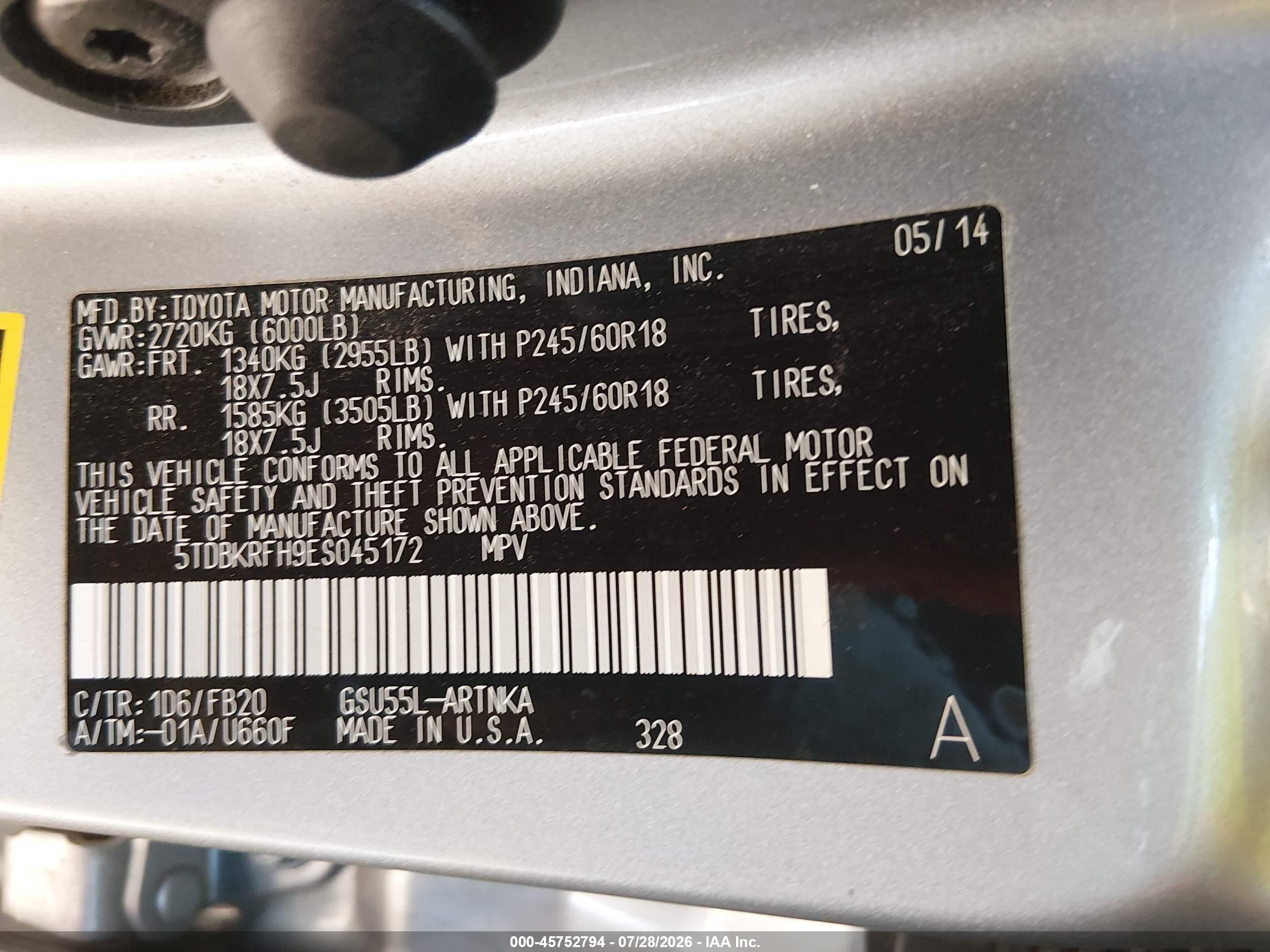 2014 Toyota Highlander Le V6 Gray vin: 5TDBKRFH9ES045172