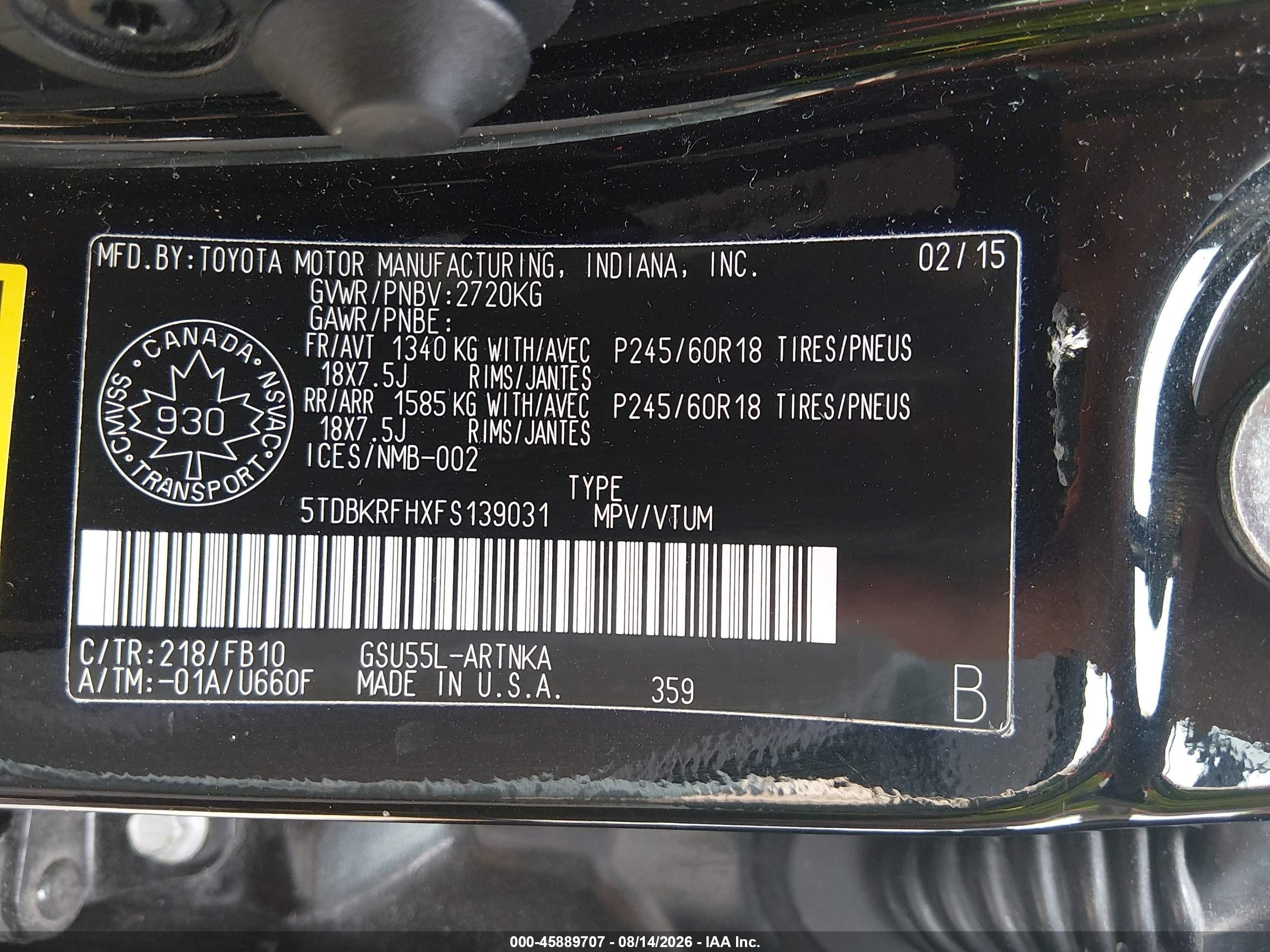 2015 Toyota Highlander Le Black vin: 5TDBKRFHXFS139031