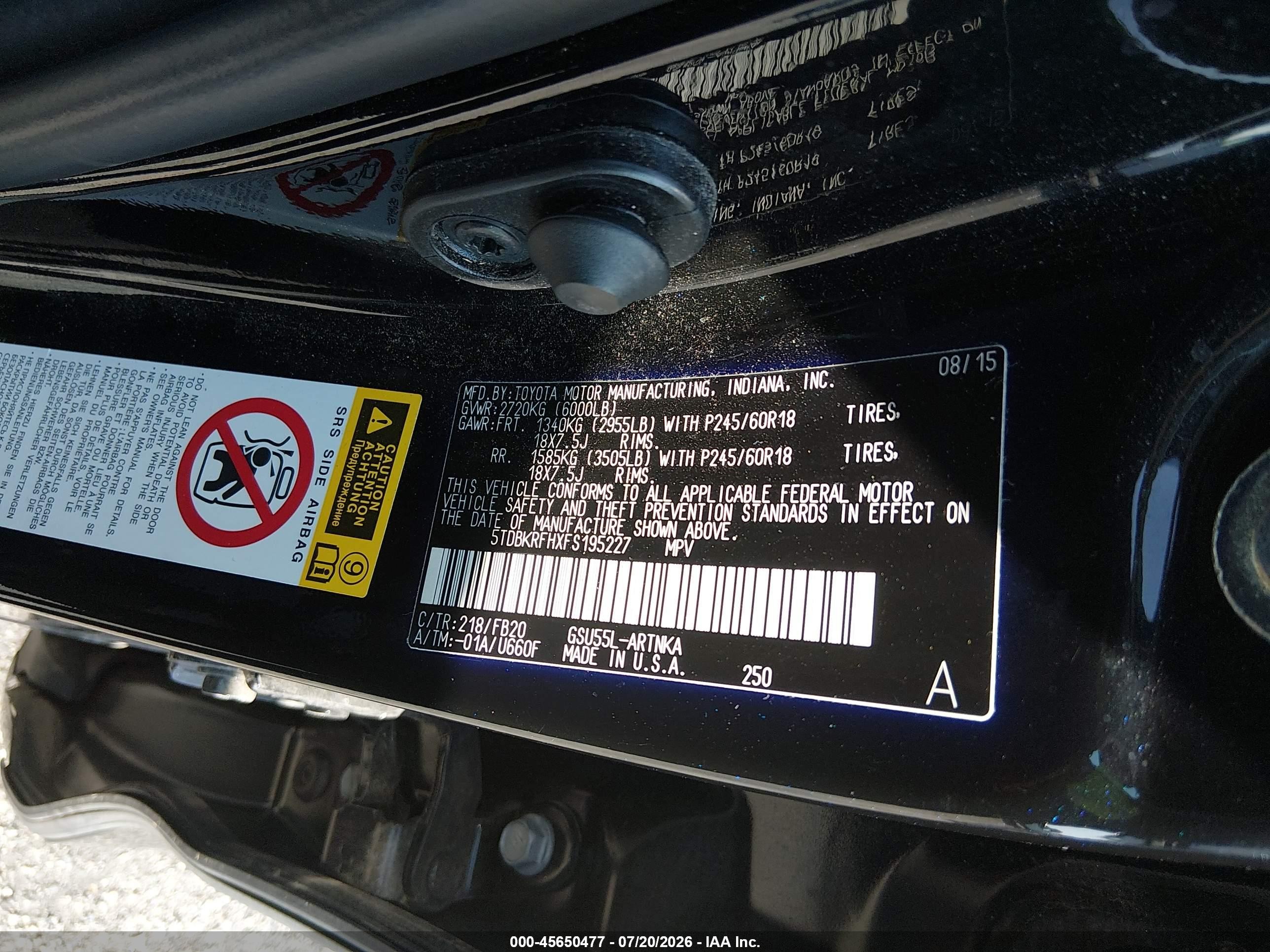2015 Toyota Highlander Le V6 Black vin: 5TDBKRFHXFS195227