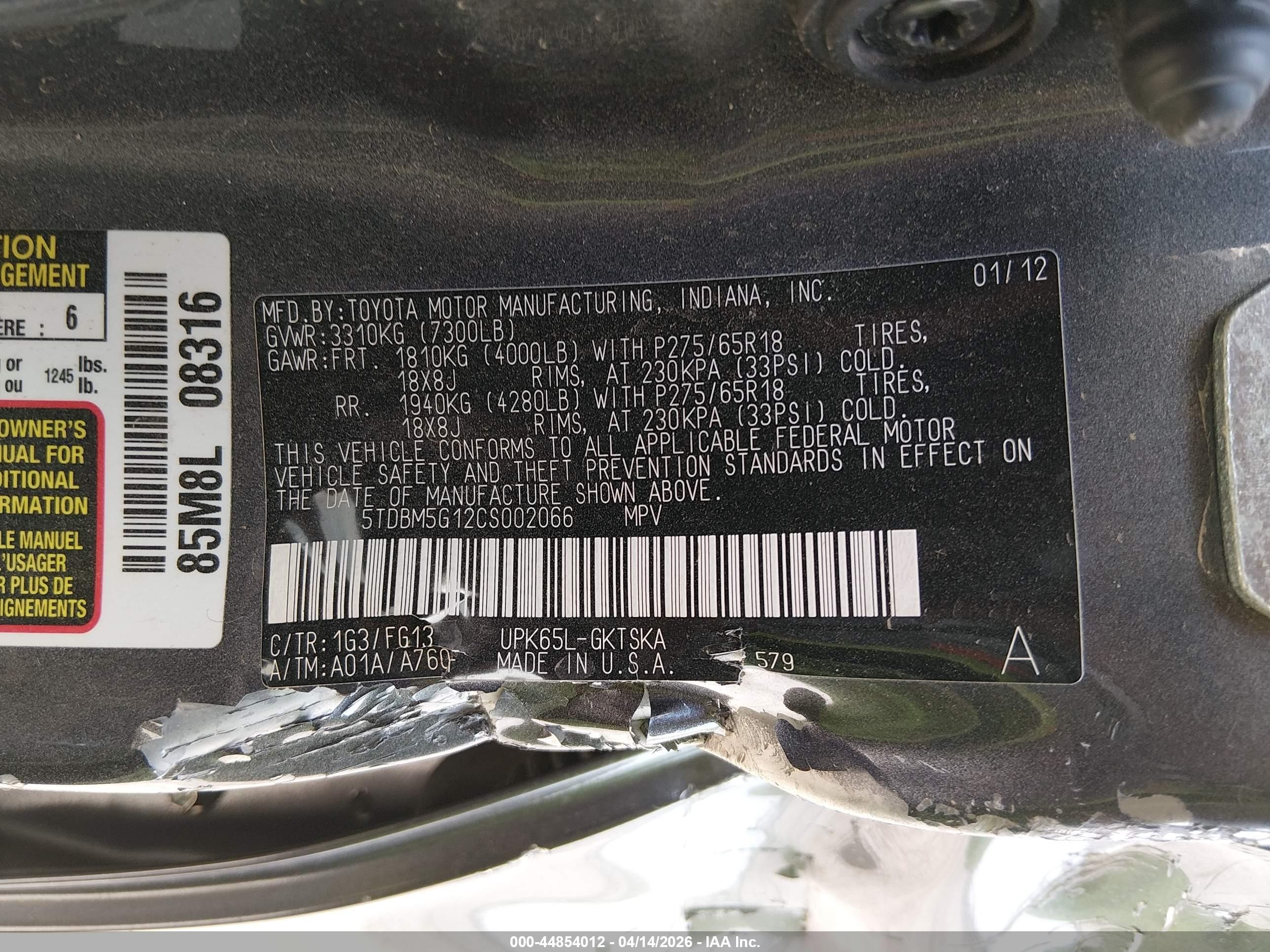 2012 Toyota Sequoia Sr5 4.6l V8 Black vin: 5TDBM5G12CS002066