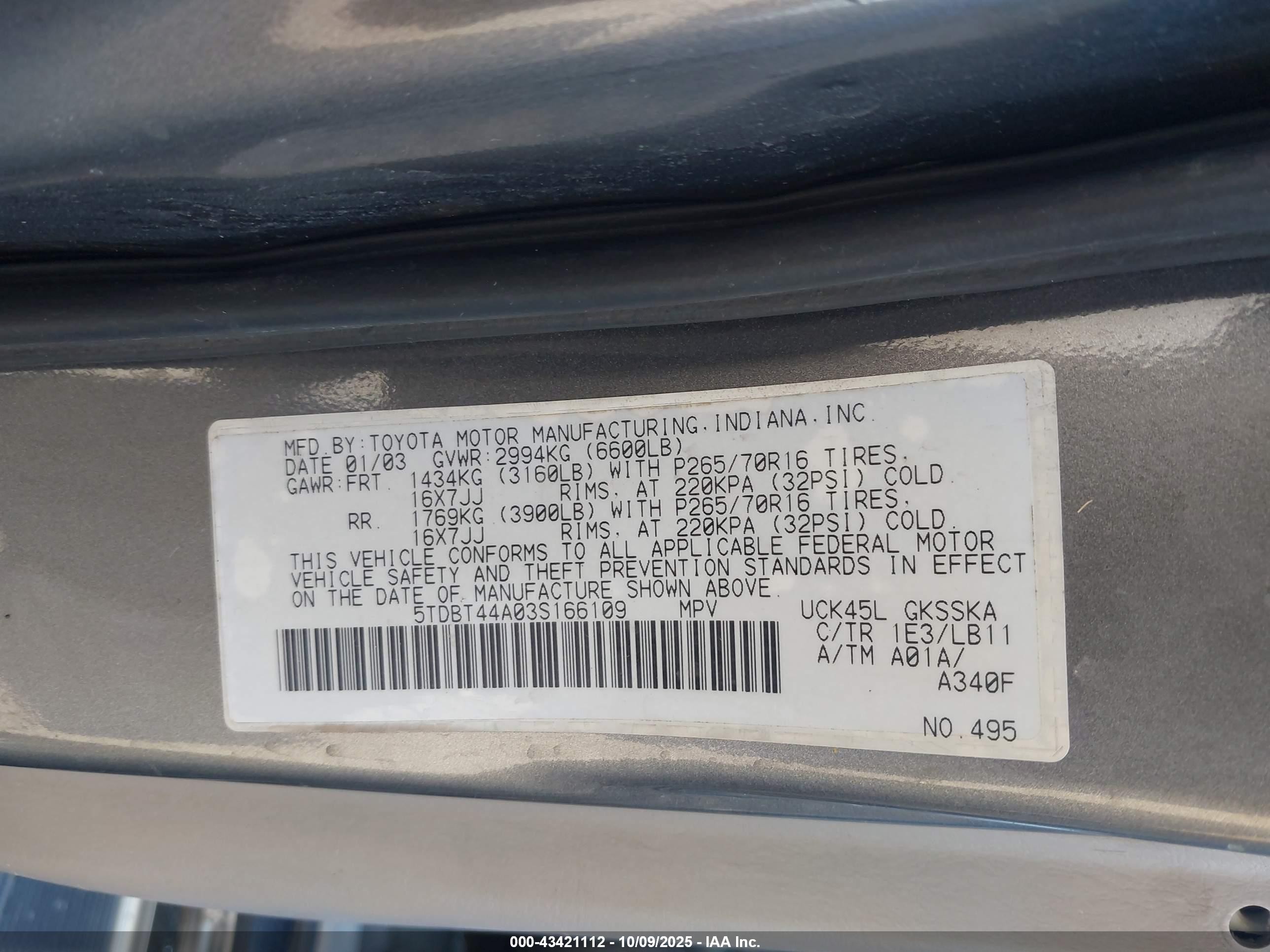 2003 Toyota Sequoia Sr5 V8 Серый vin: 5TDBT44A03S166109