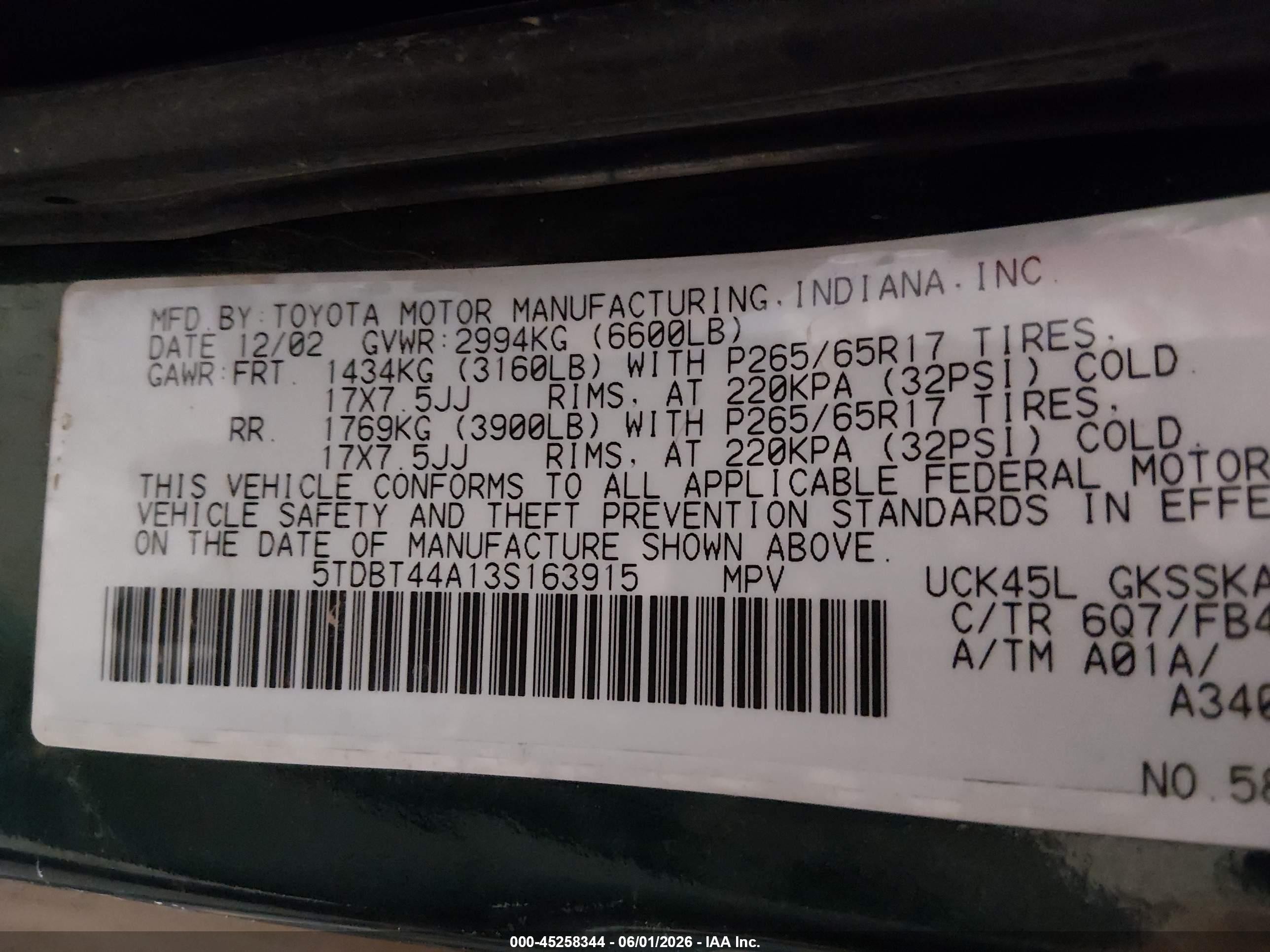 2003 Toyota Sequoia Sr5 V8 Green vin: 5TDBT44A13S163915