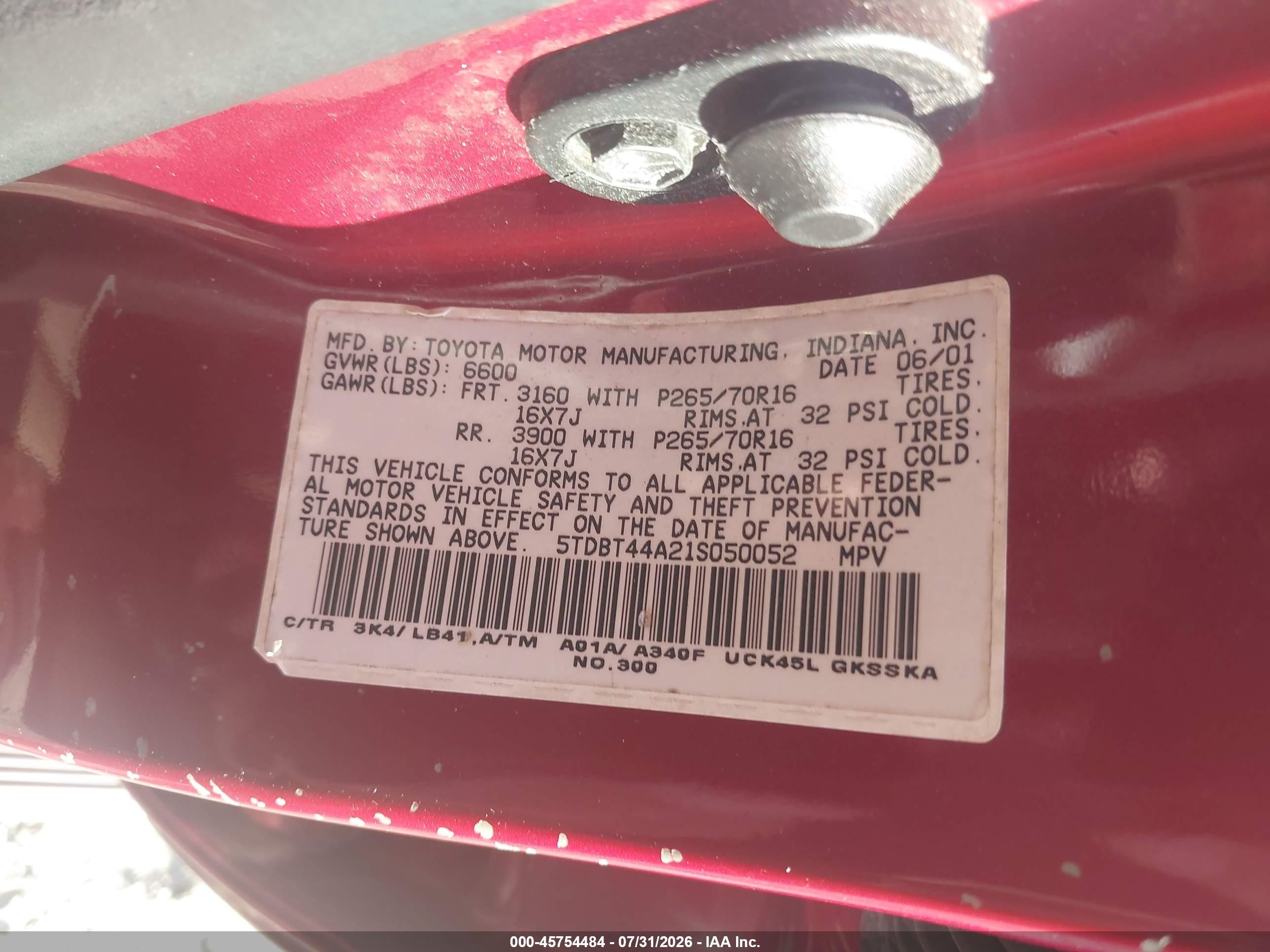 2001 Toyota Sequoia Sr5 V8 Red vin: 5TDBT44A21S050052