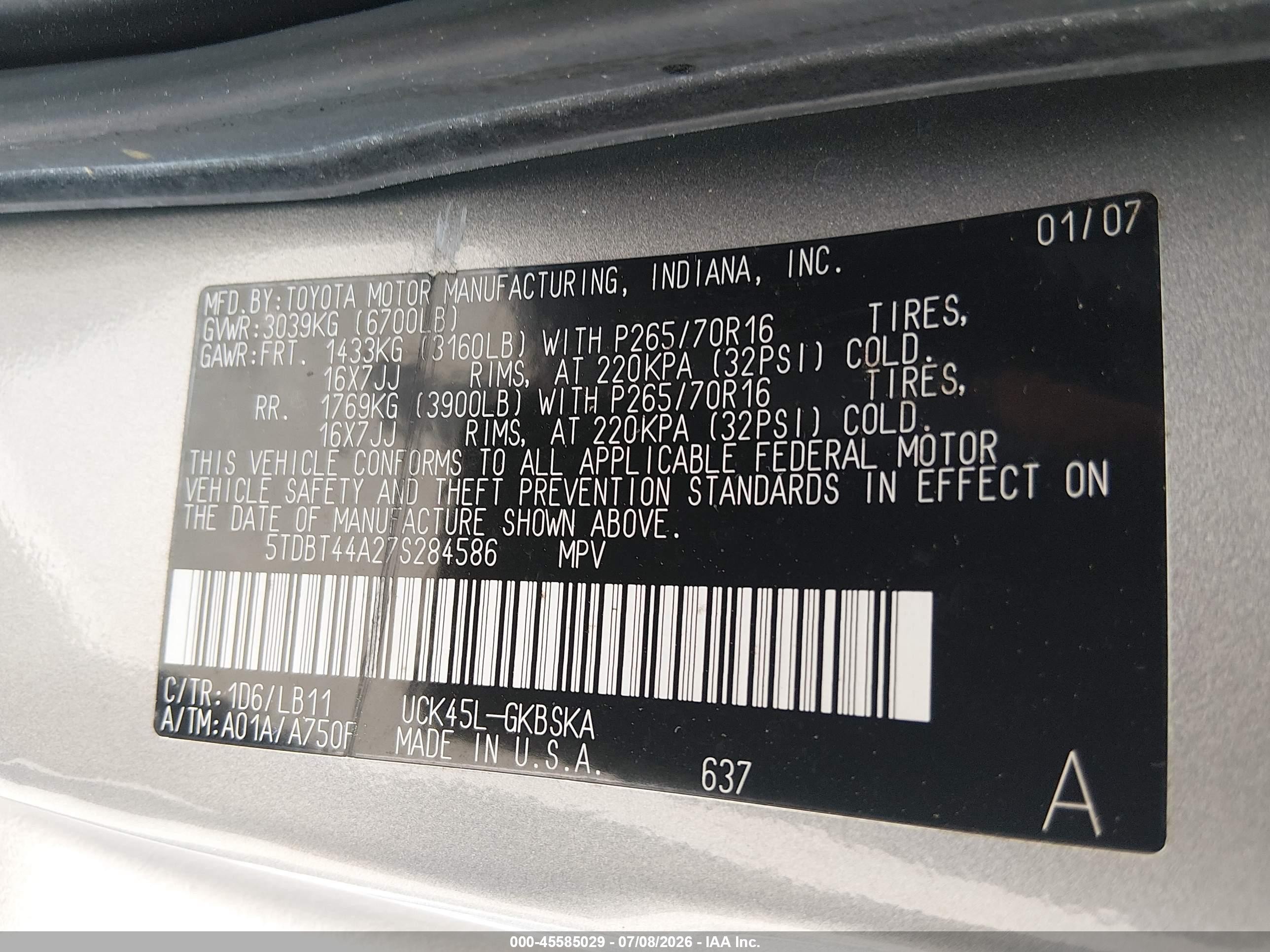 2007 Toyota Sequoia Sr5 Серый vin: 5TDBT44A27S284586