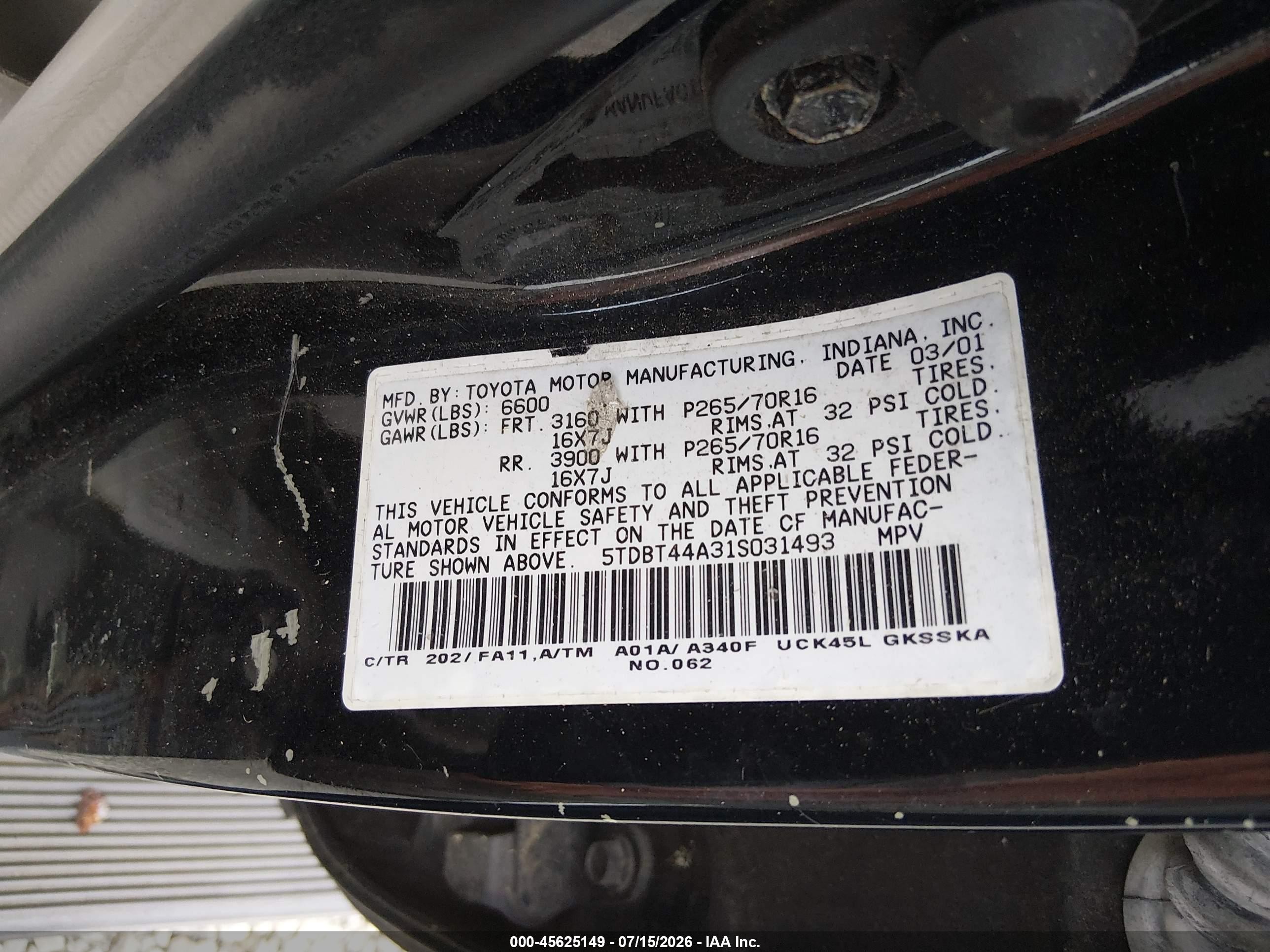2001 Toyota Sequoia Sr5 V8 Black vin: 5TDBT44A31S031493