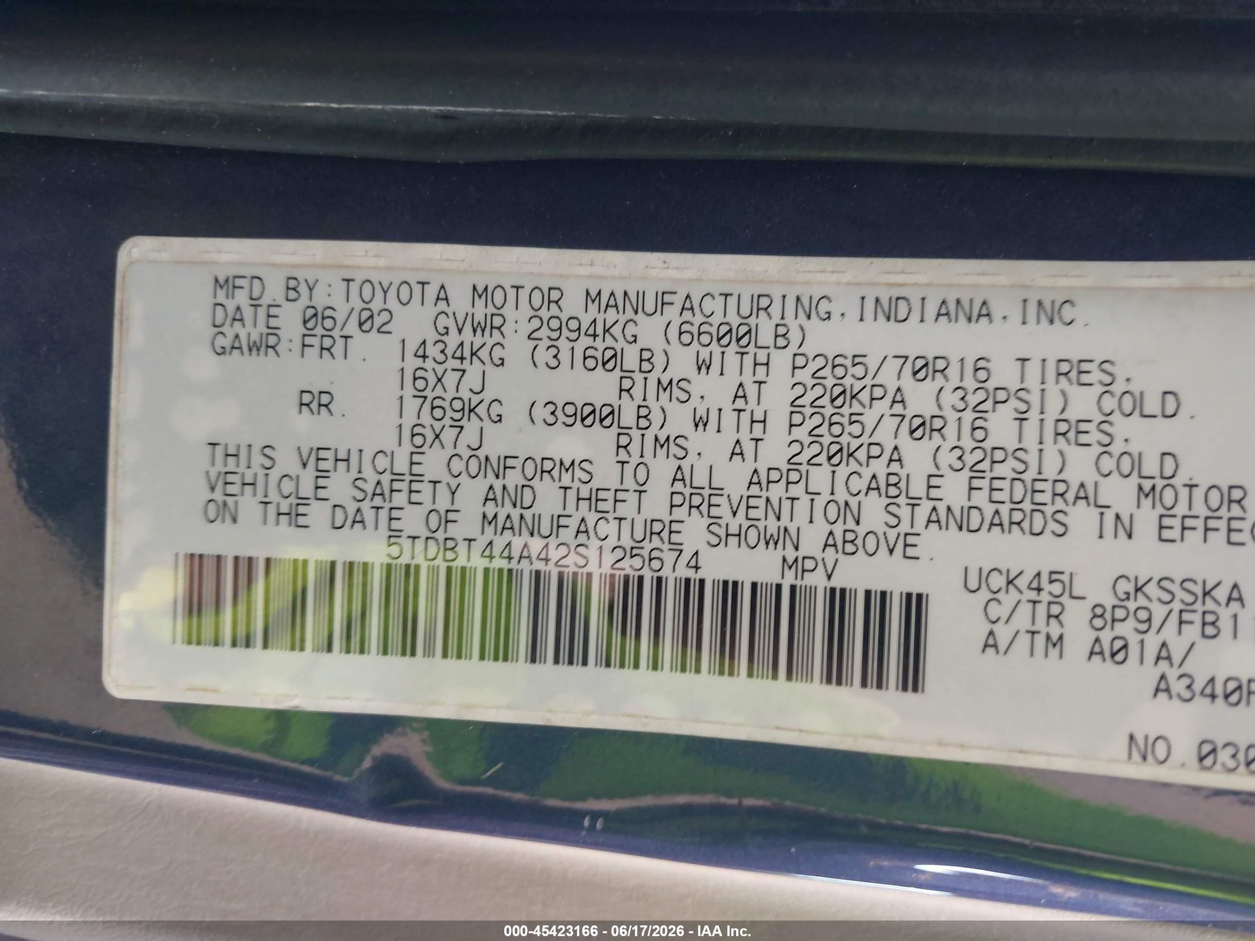 2002 Toyota Sequoia Sr5 V8 Blue vin: 5TDBT44A42S125674