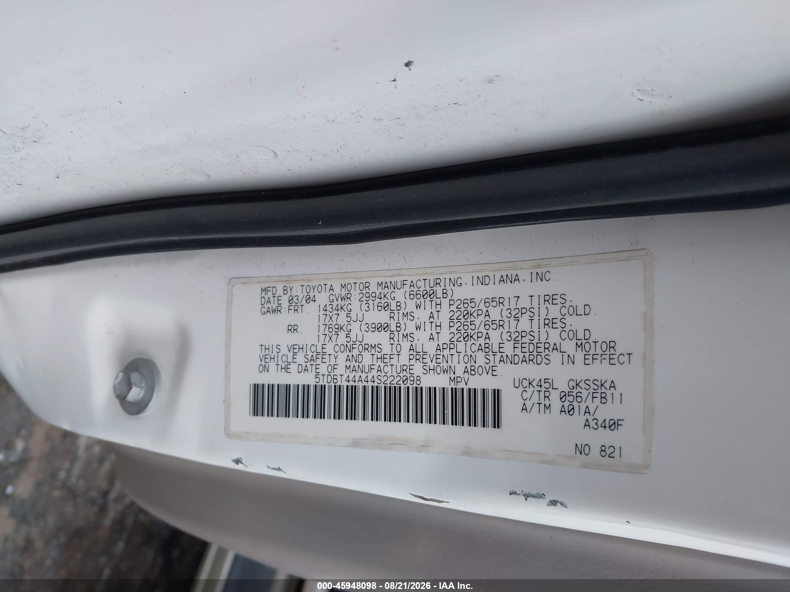 2004 Toyota Sequoia Sr5 V8 Белый vin: 5TDBT44A44S222098