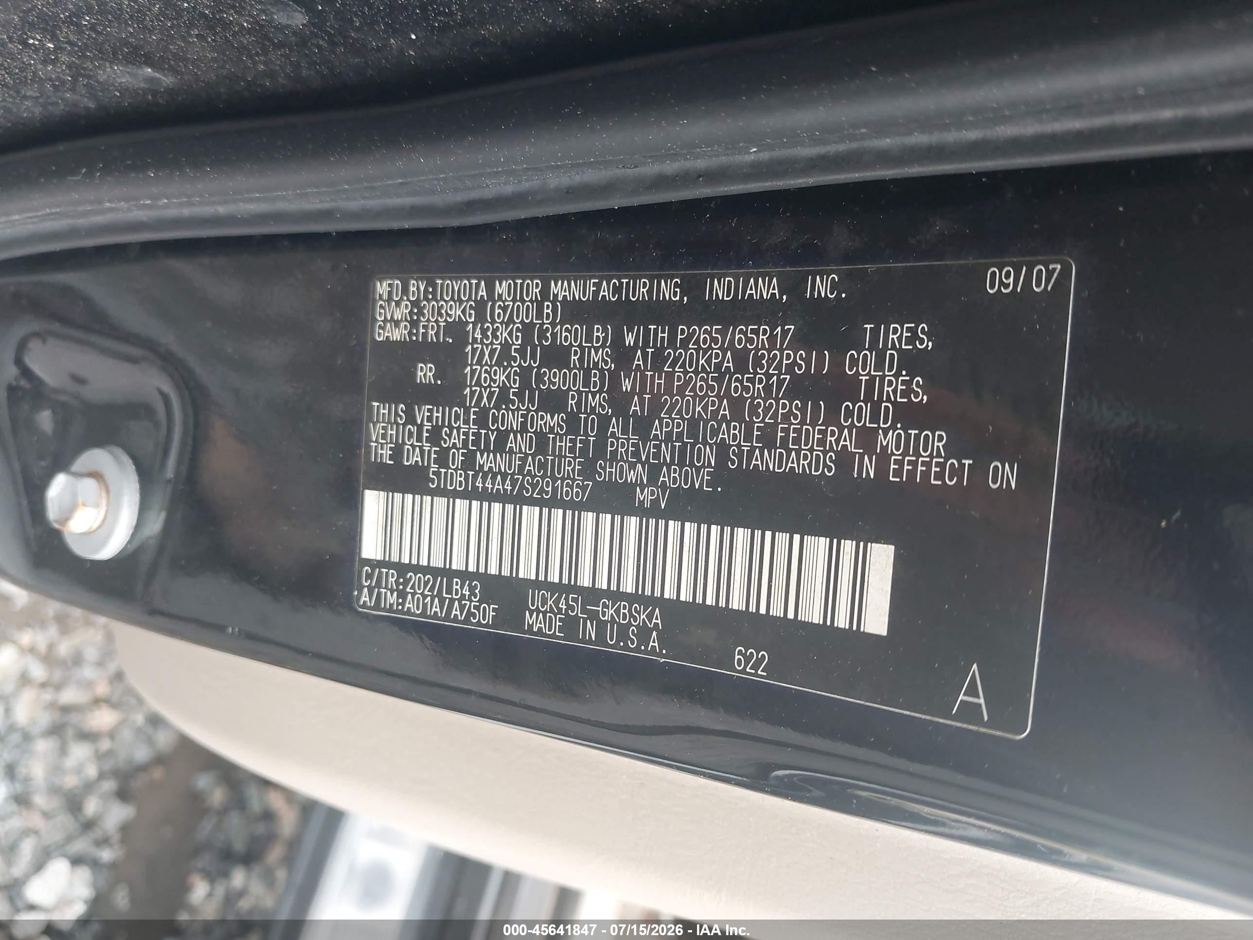 2007 Toyota Sequoia Sr5 Черный vin: 5TDBT44A47S291667
