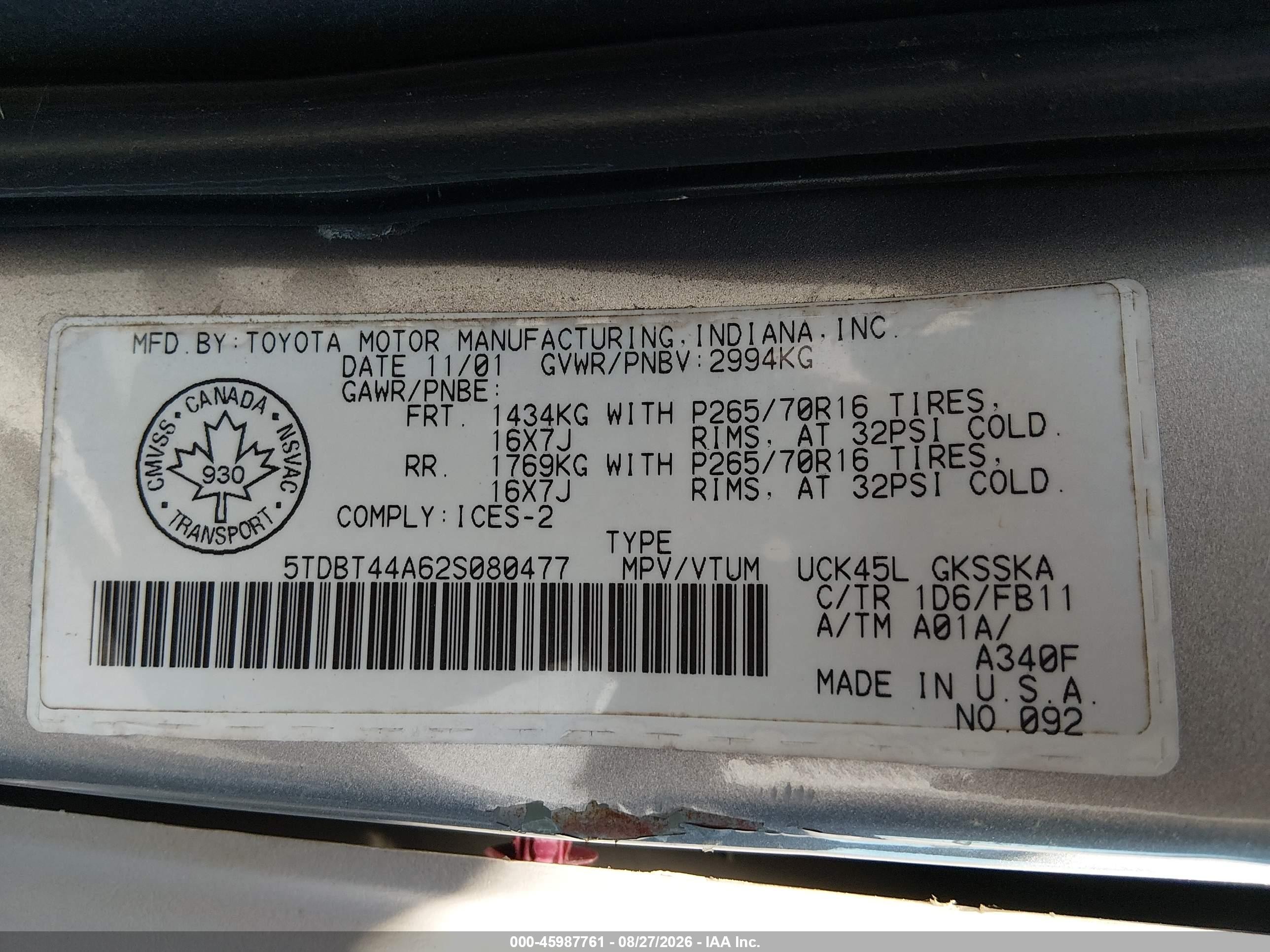 2002 Toyota Sequoia Sr5 V8 Silver vin: 5TDBT44A62S080477