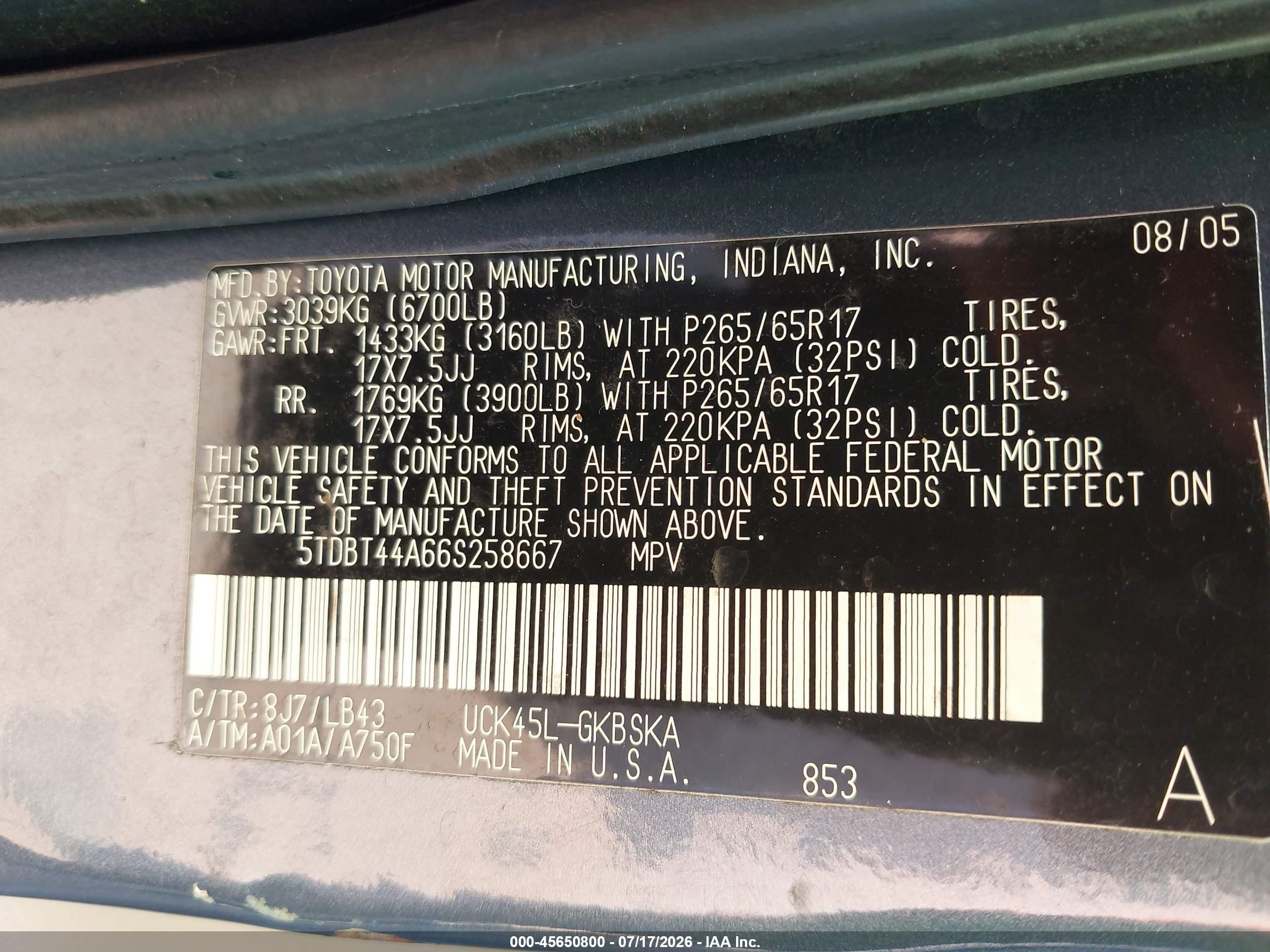 2006 Toyota Sequoia Sr5 V8 Blue vin: 5TDBT44A66S258667