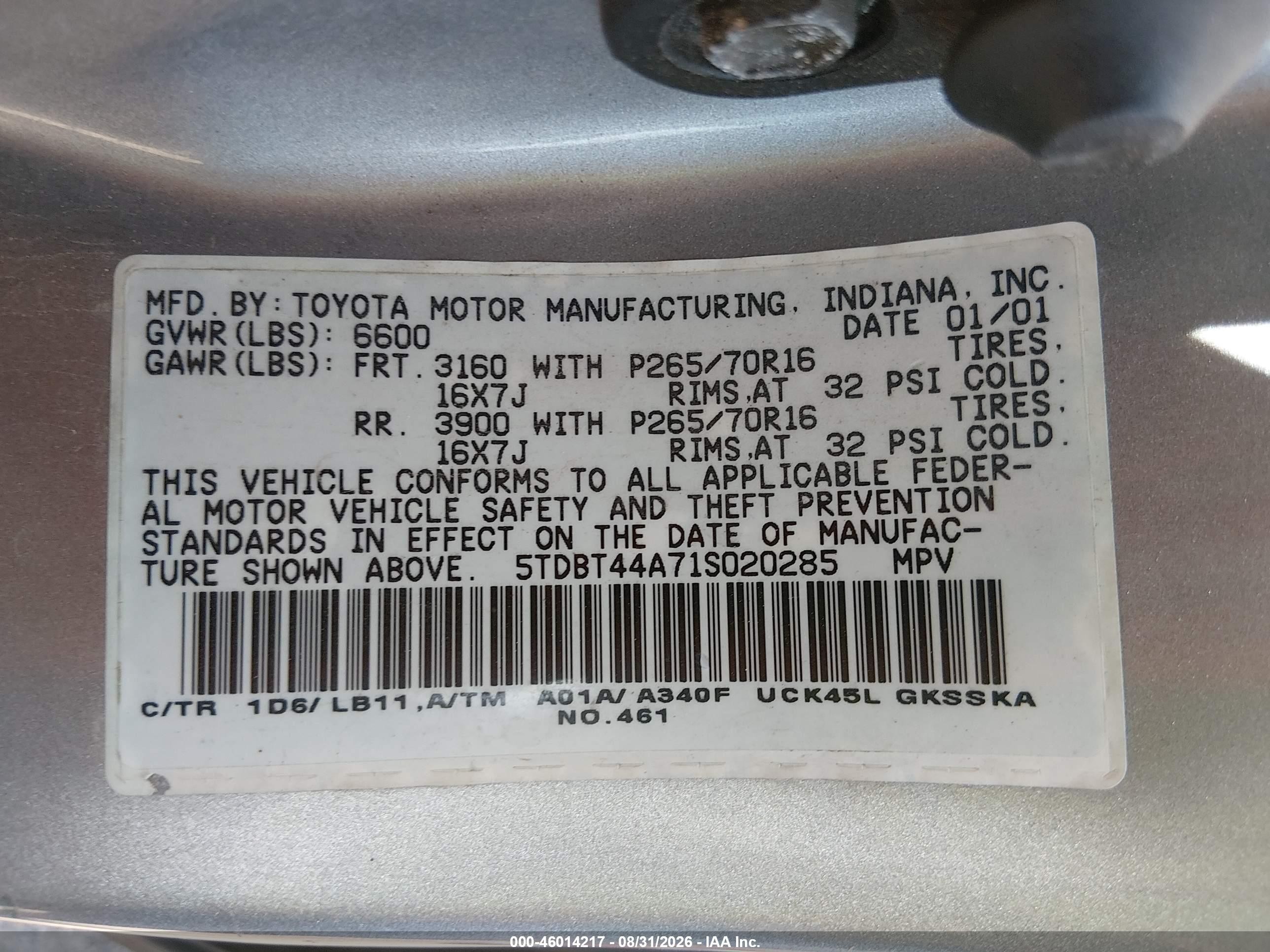 2001 Toyota Sequoia Sr5 V8 Silver vin: 5TDBT44A71S020285