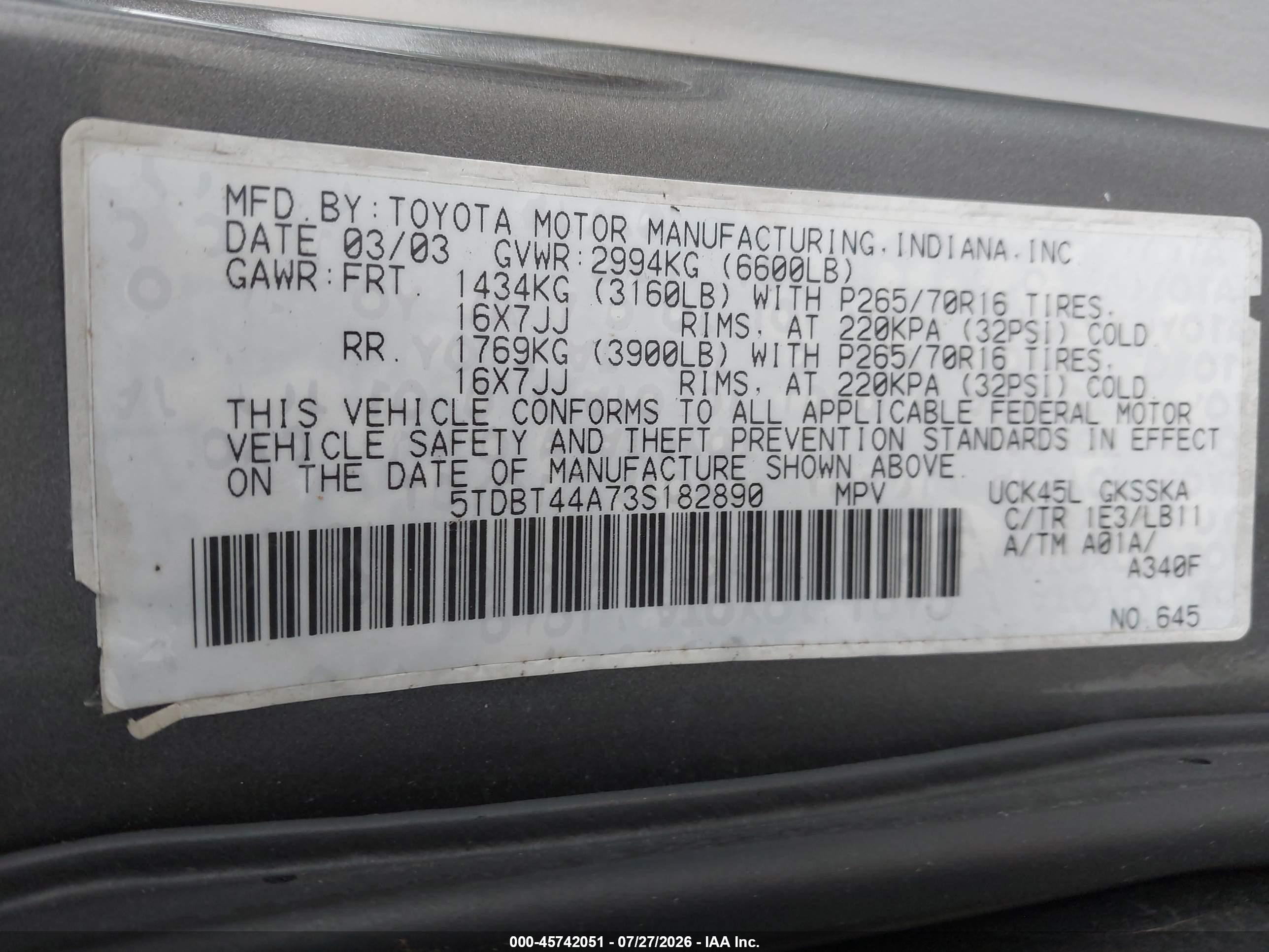 2003 Toyota Sequoia Sr5 V8 Gray vin: 5TDBT44A73S182890
