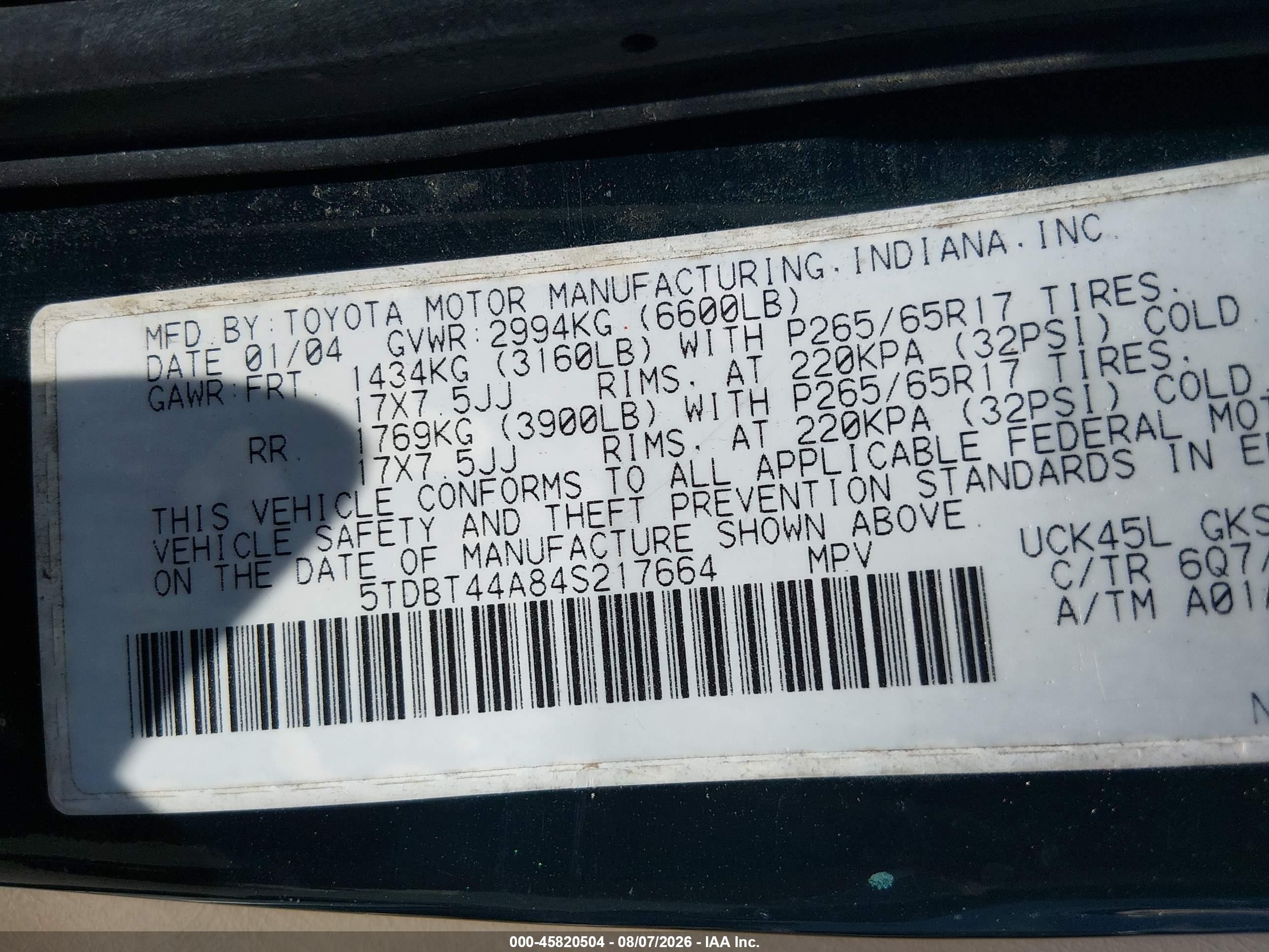 2004 Toyota Sequoia Sr5 V8 Green vin: 5TDBT44A84S217664