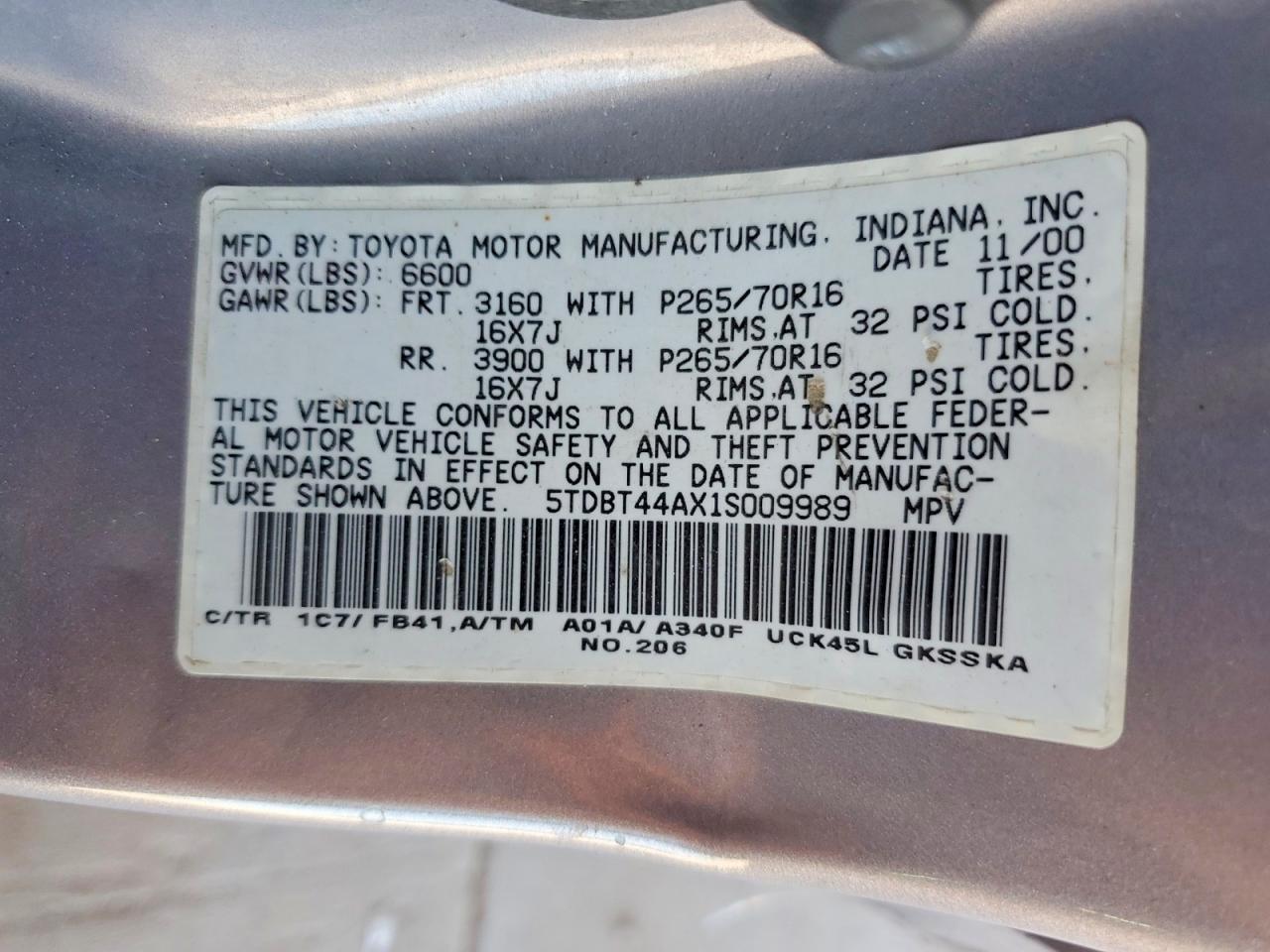 2001 Toyota Sequoia Sr5 Gray vin: 5TDBT44AX1S009989