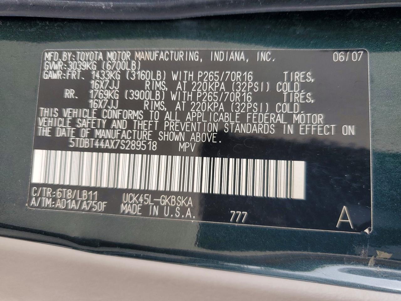 2007 Toyota Sequoia Sr5 Green vin: 5TDBT44AX7S289518