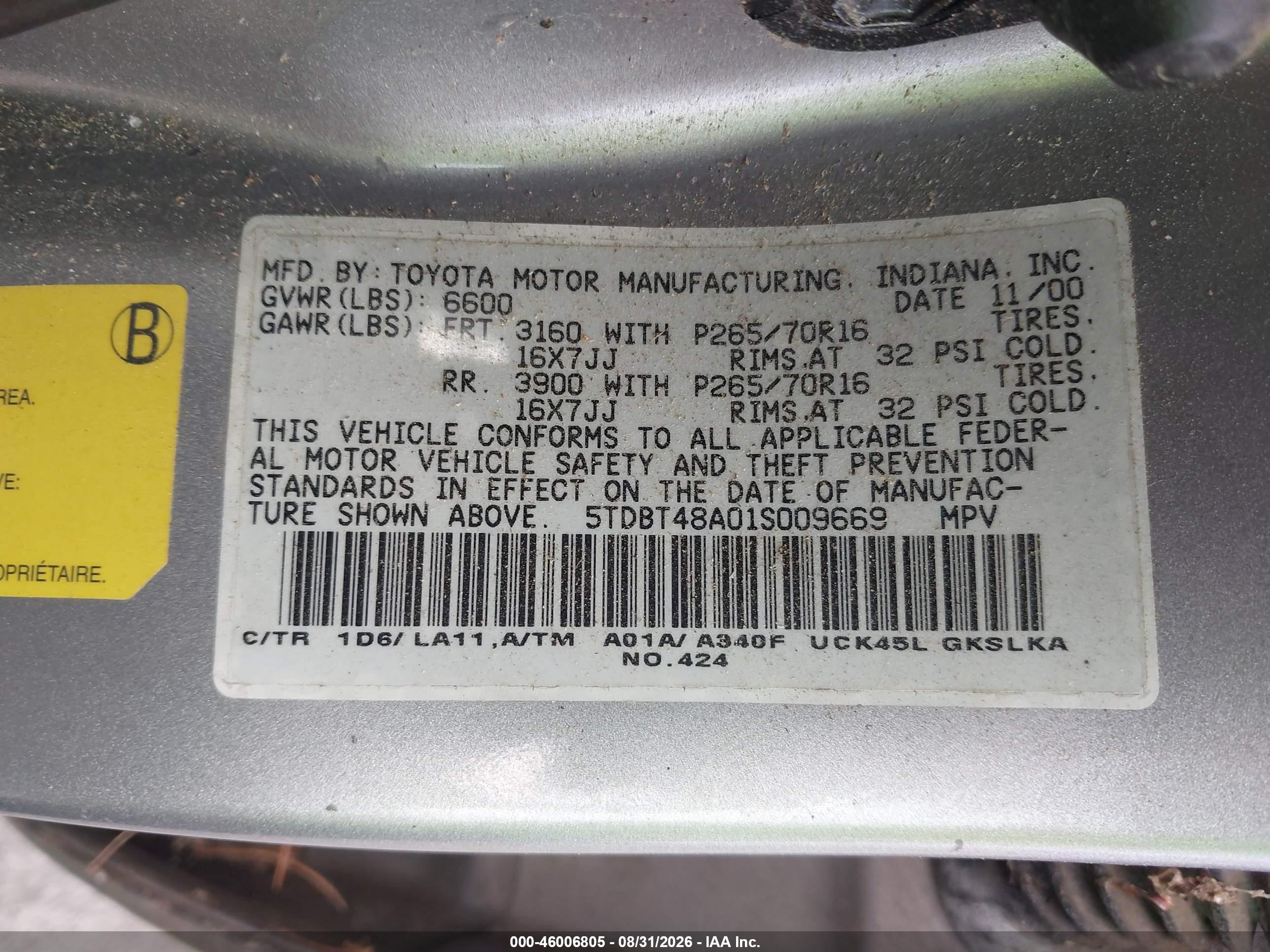 2001 Toyota Sequoia Limited V8 Silver vin: 5TDBT48A01S009669