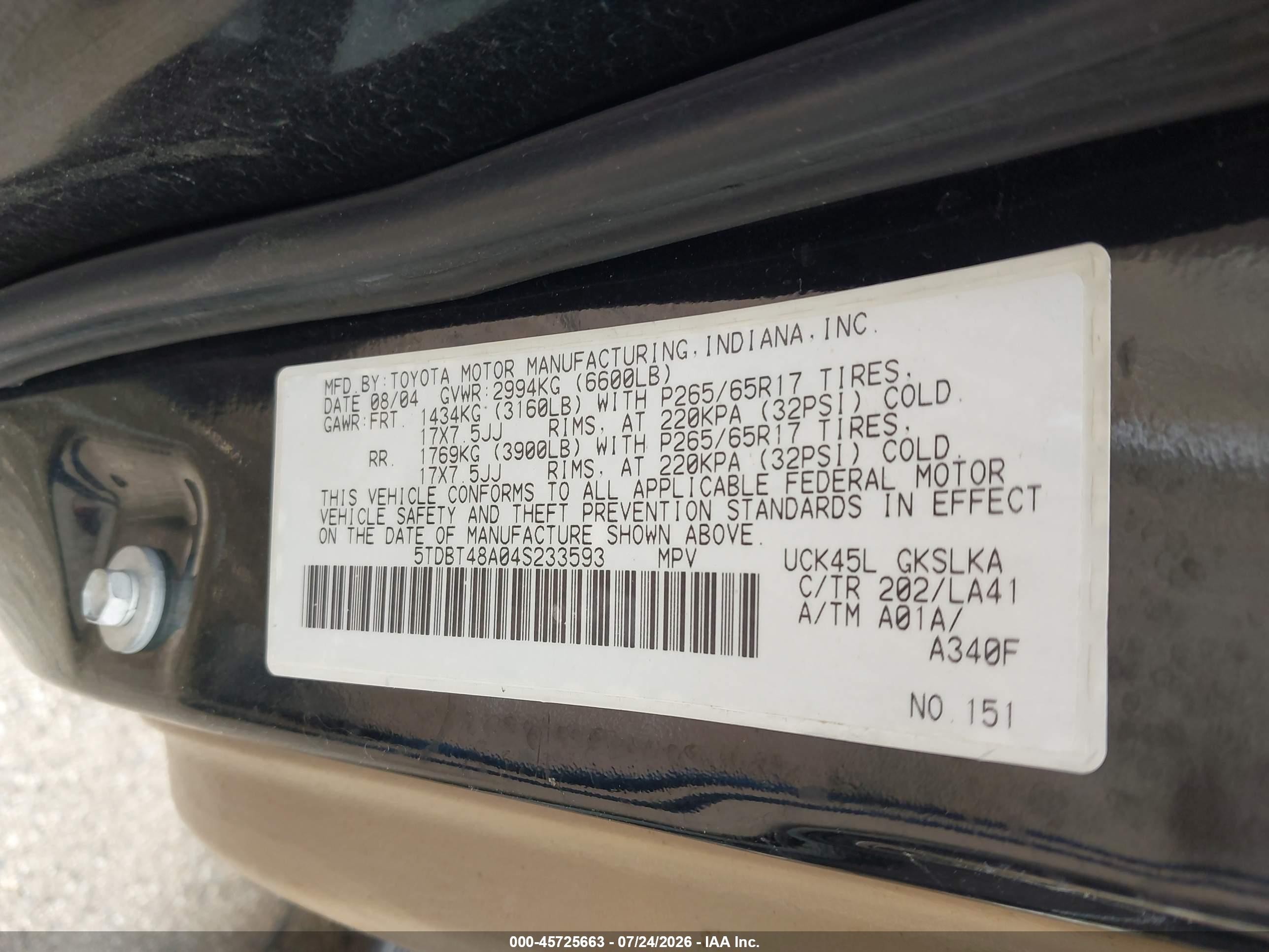 2004 Toyota Sequoia Limited V8 Black vin: 5TDBT48A04S233593