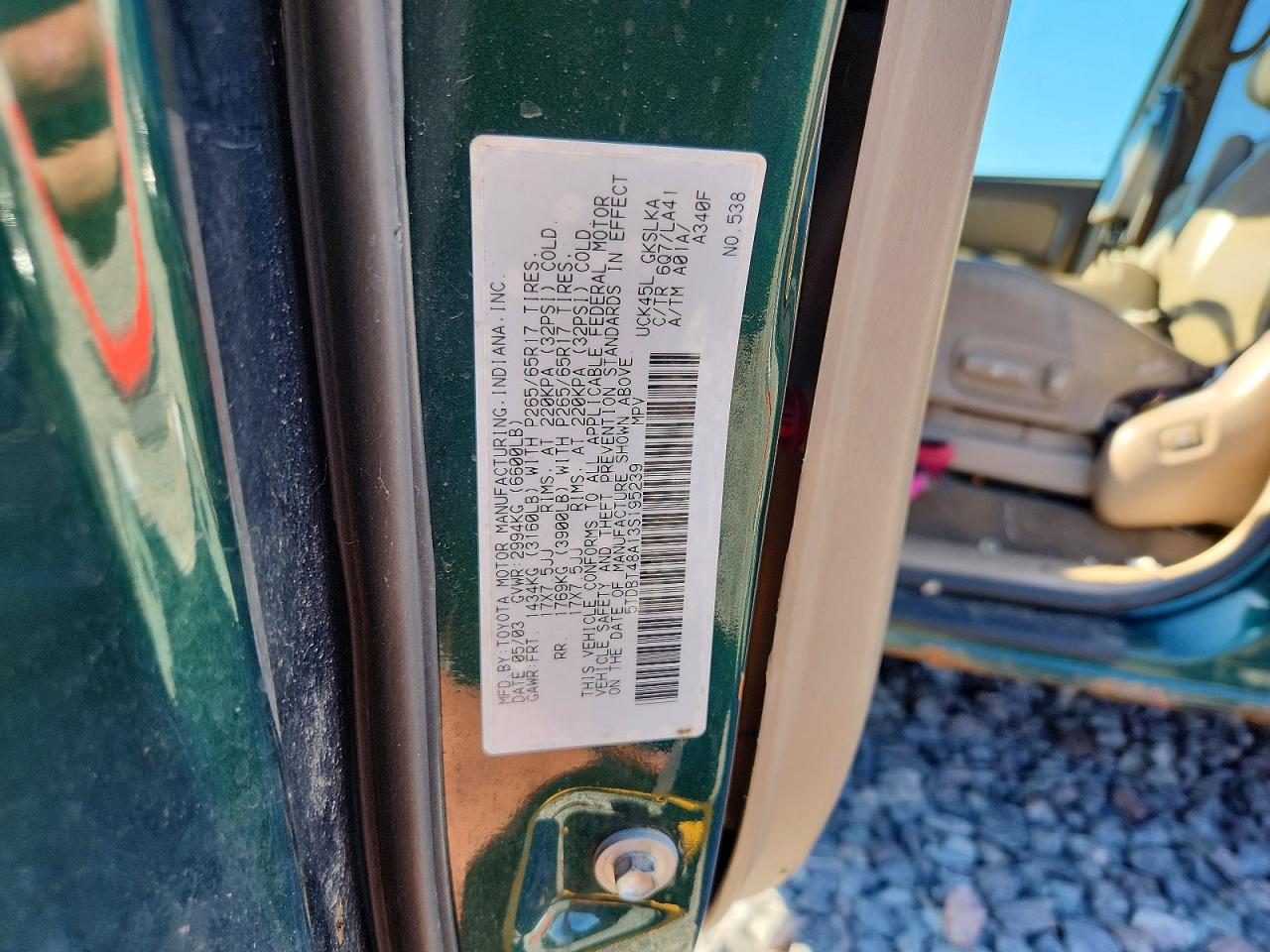 2003 Toyota Sequoia Limited Green vin: 5TDBT48A13S195239