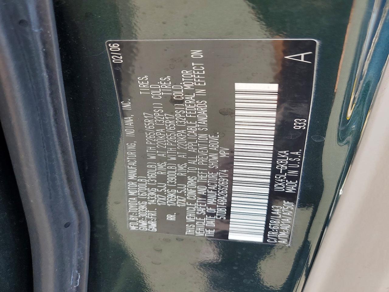 2006 Toyota Sequoia Limited Green vin: 5TDBT48A26S269174