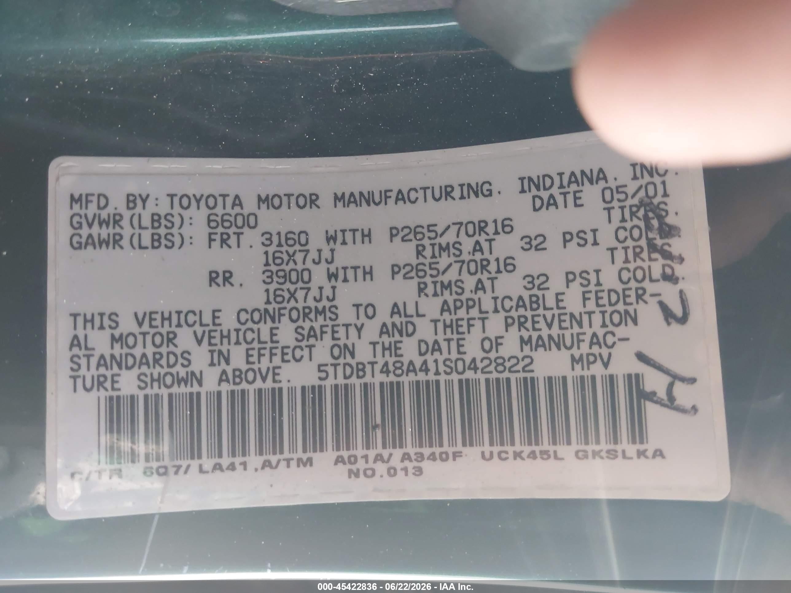 2001 Toyota Sequoia Limited V8 Green vin: 5TDBT48A41S042822