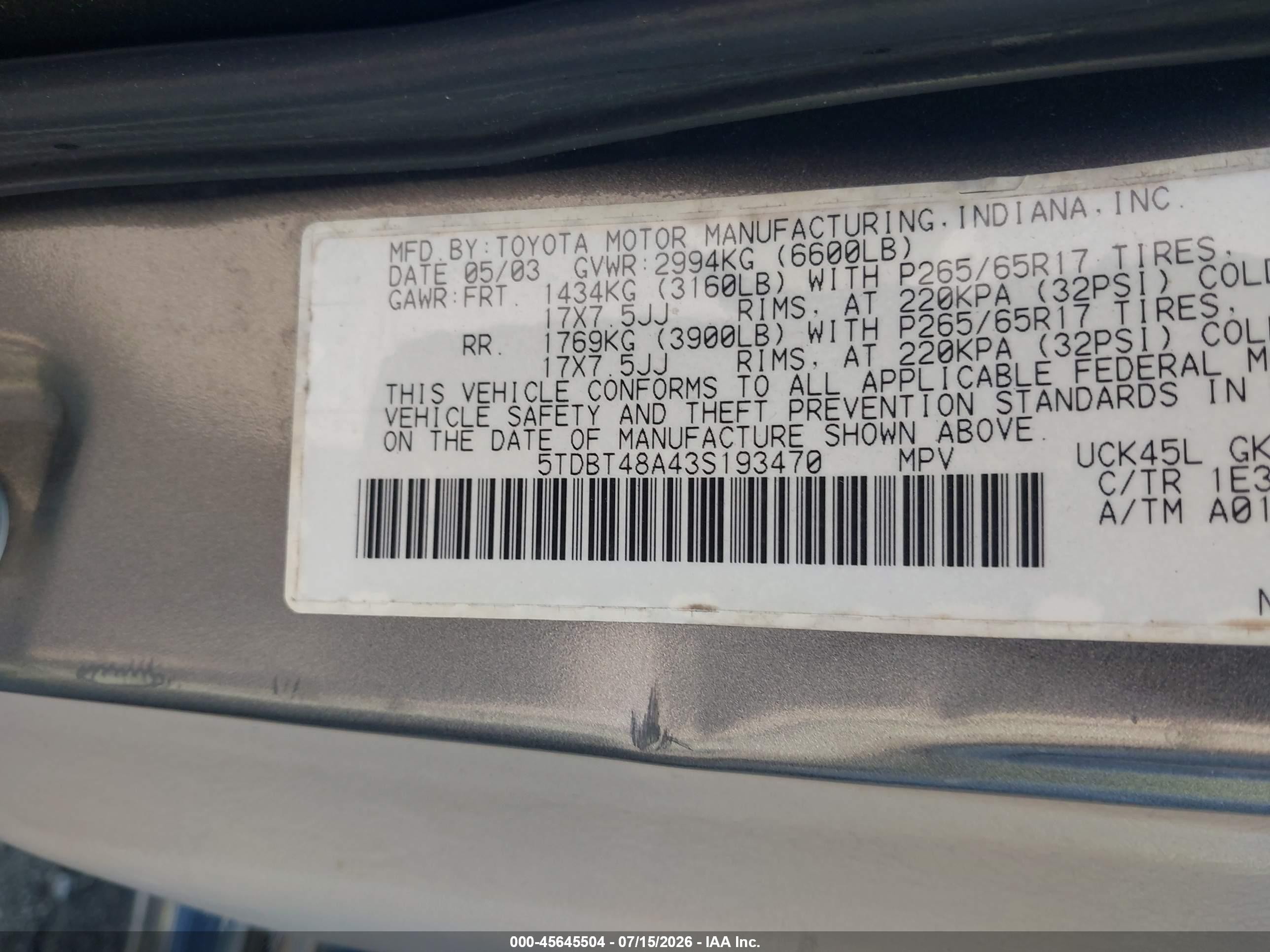 2003 Toyota Sequoia Limited V8 Серый vin: 5TDBT48A43S193470