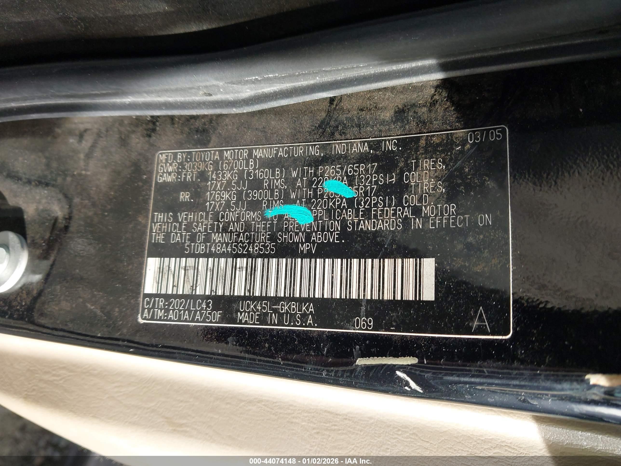 2005 Toyota Sequoia Limited V8 Black vin: 5TDBT48A45S248535