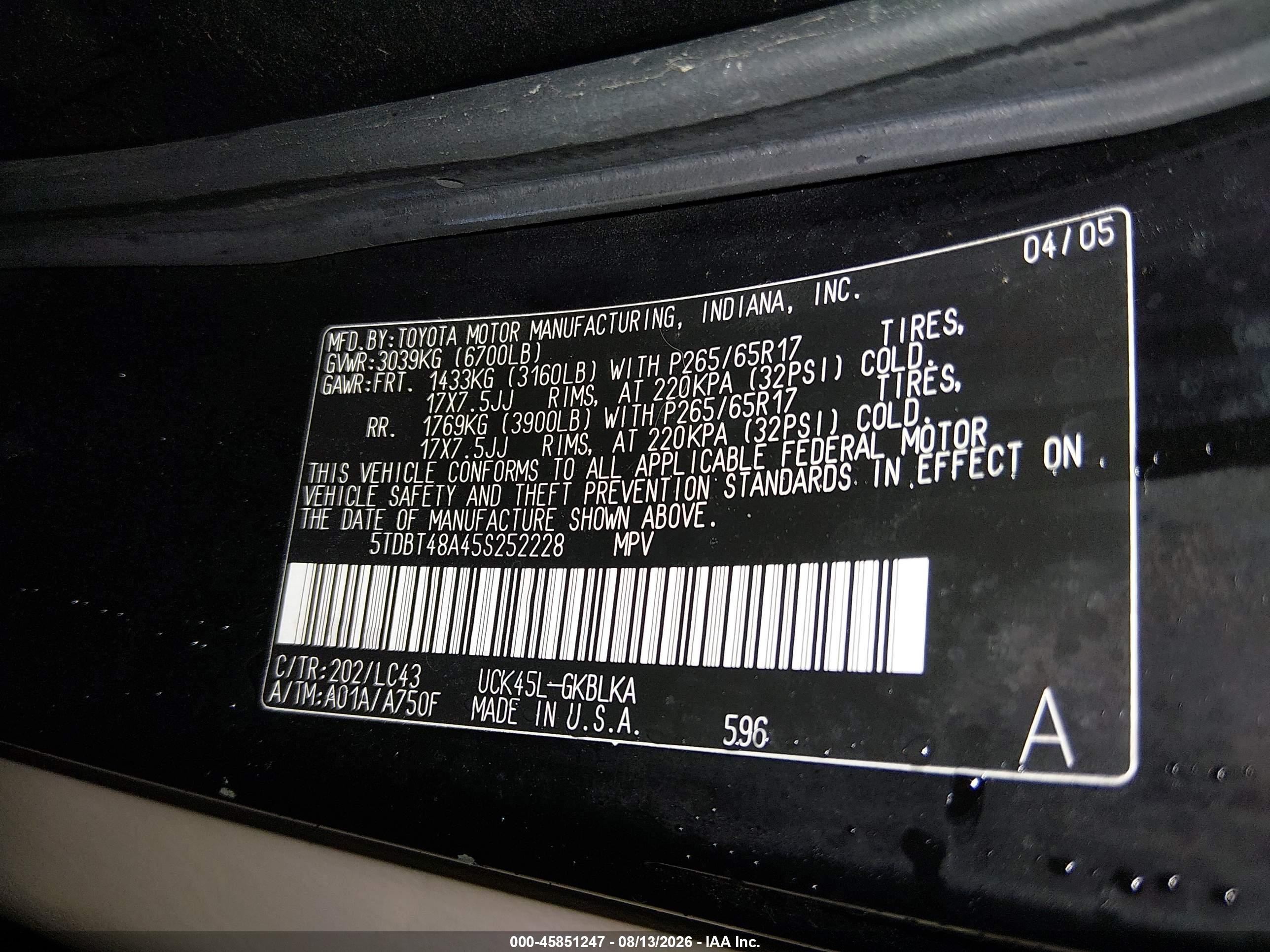 2005 Toyota Sequoia Limited V8 Черный vin: 5TDBT48A45S252228
