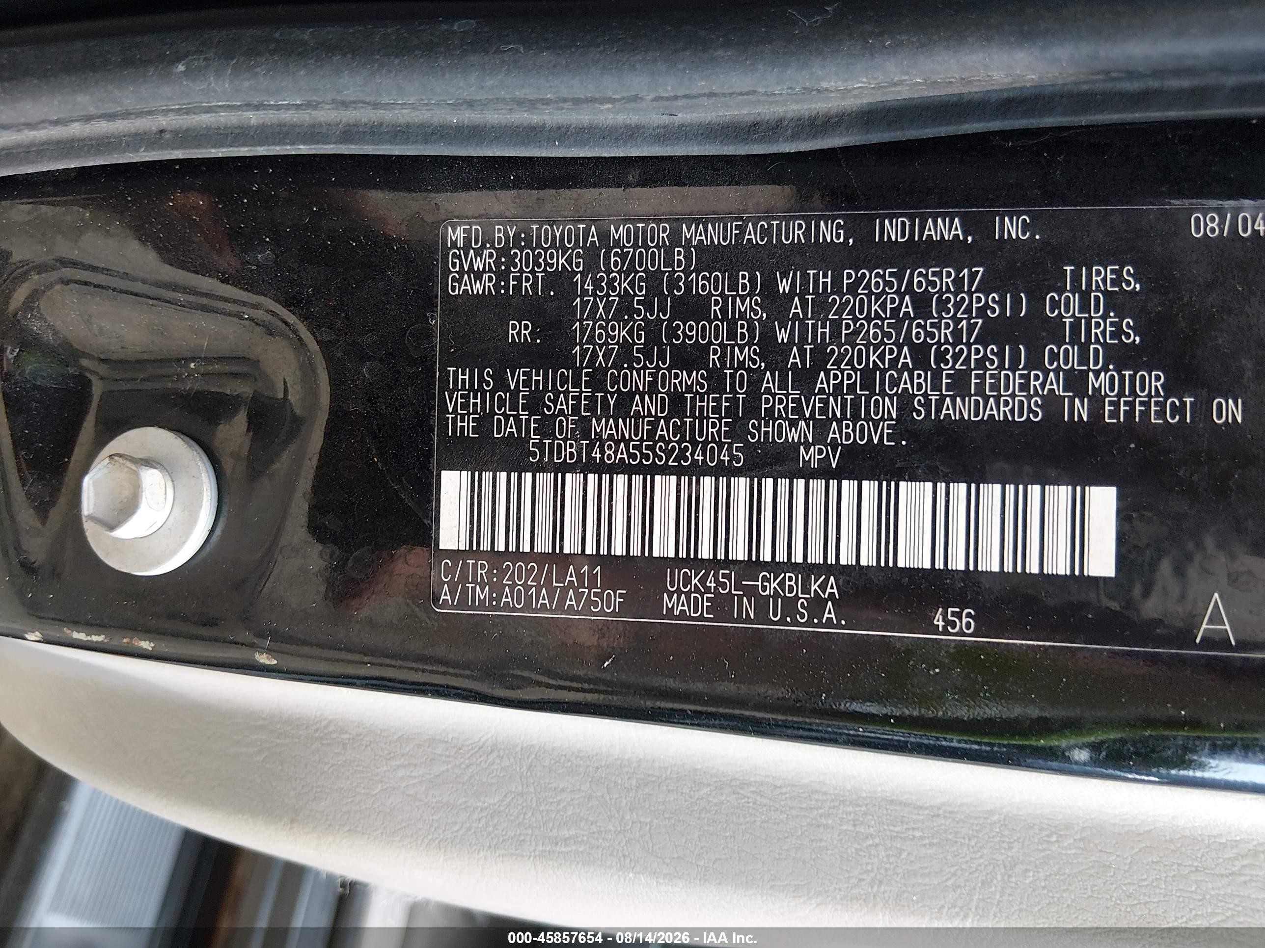 2005 Toyota Sequoia Limited V8 Black vin: 5TDBT48A55S234045