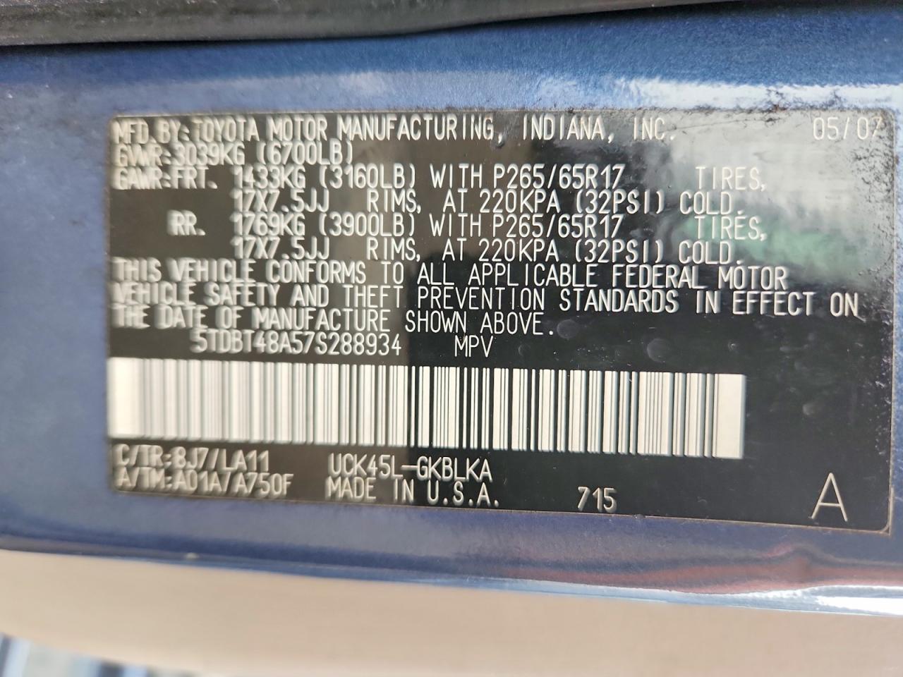2007 Toyota Sequoia Limited Blue vin: 5TDBT48A57S288934