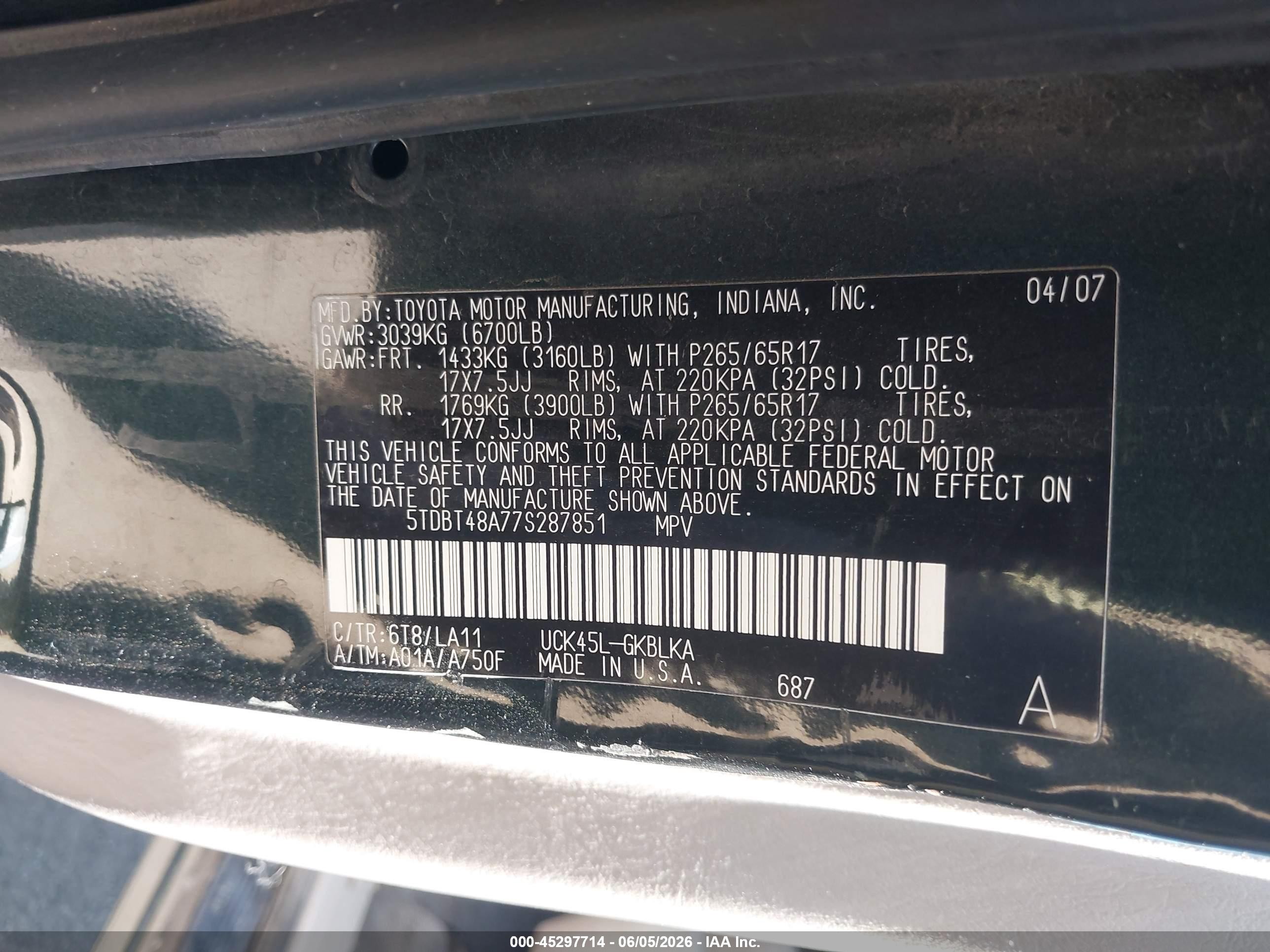 2007 Toyota Sequoia Limited V8 Зеленый vin: 5TDBT48A77S287851