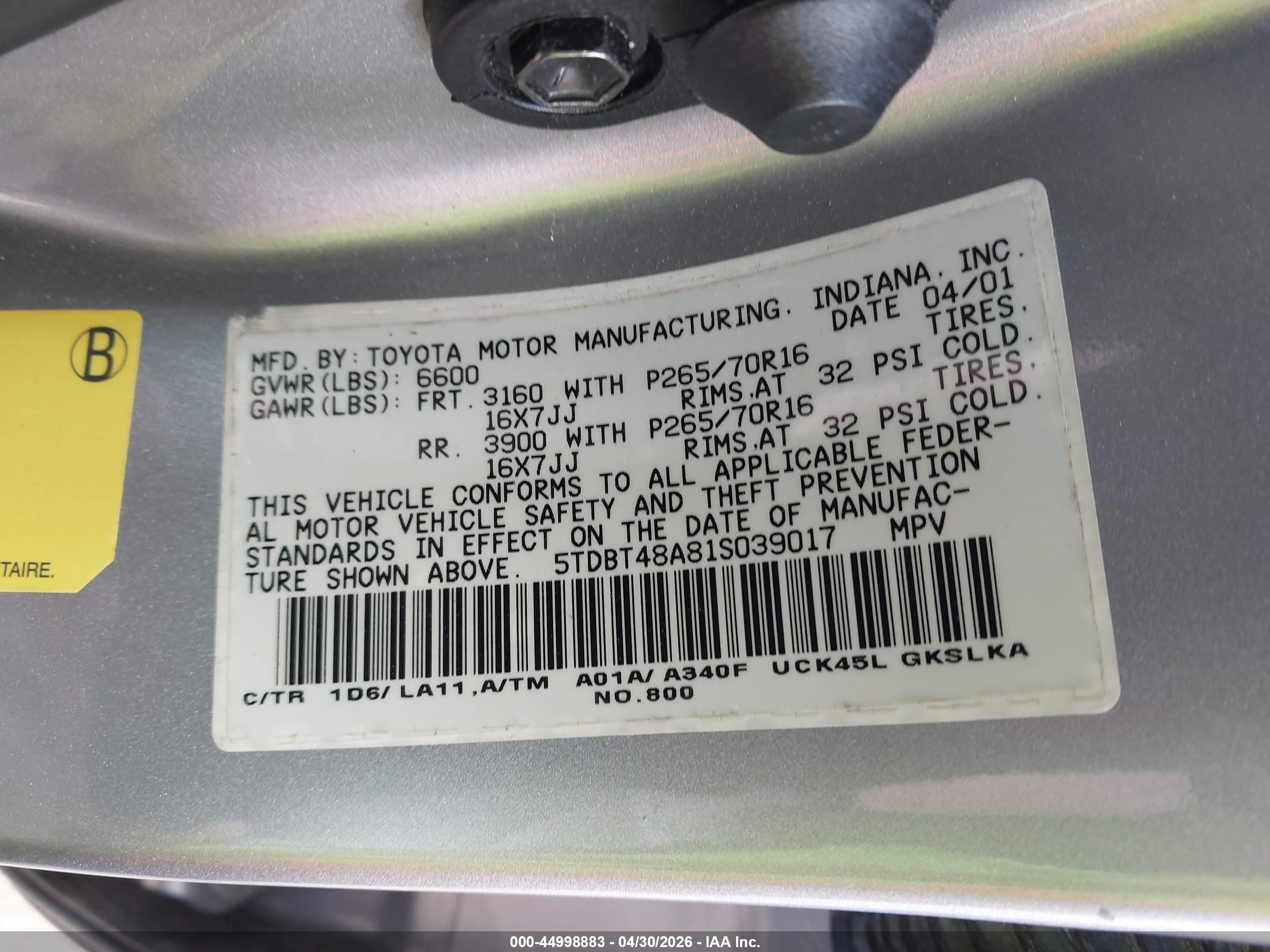 2001 Toyota Sequoia Limited V8 Silver vin: 5TDBT48A81S039017