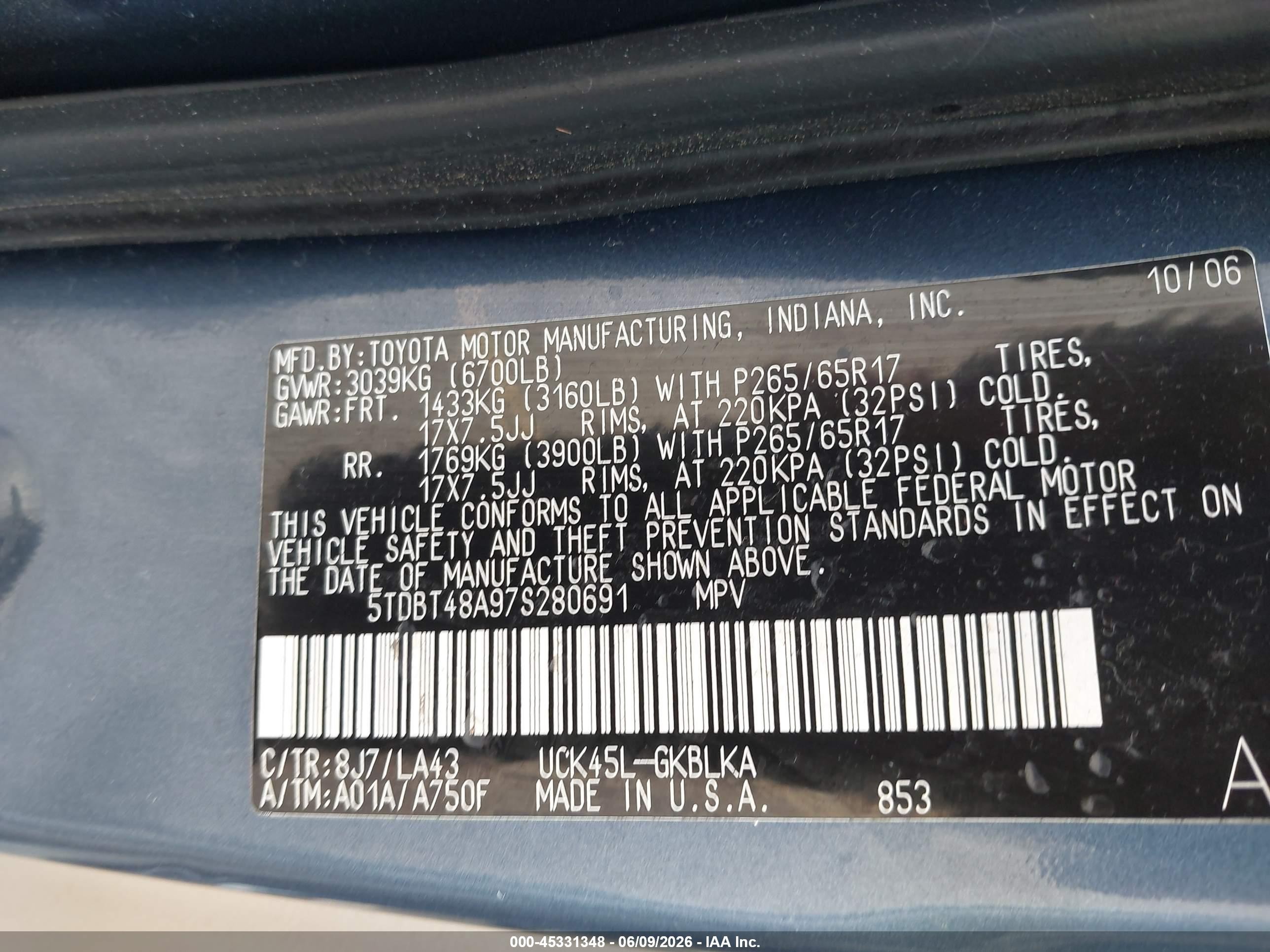 2007 Toyota Sequoia Limited V8 Blue vin: 5TDBT48A97S280691