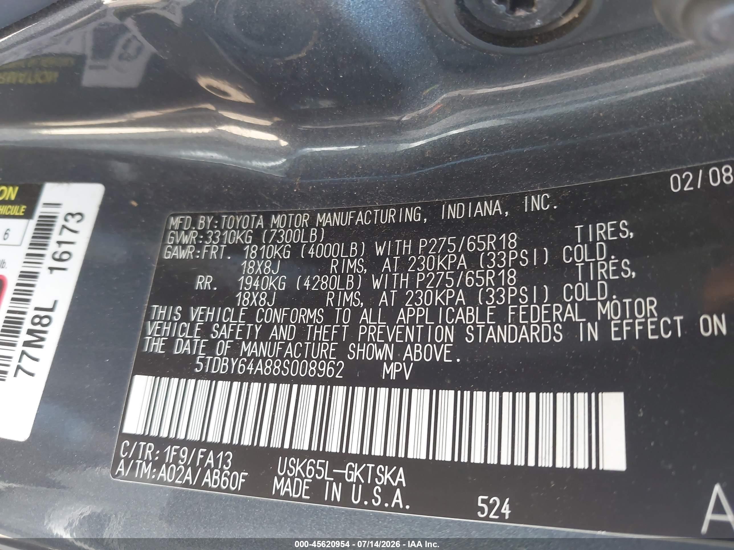 2008 Toyota Sequoia Sr5 5.7l V8 Blue vin: 5TDBY64A88S008962