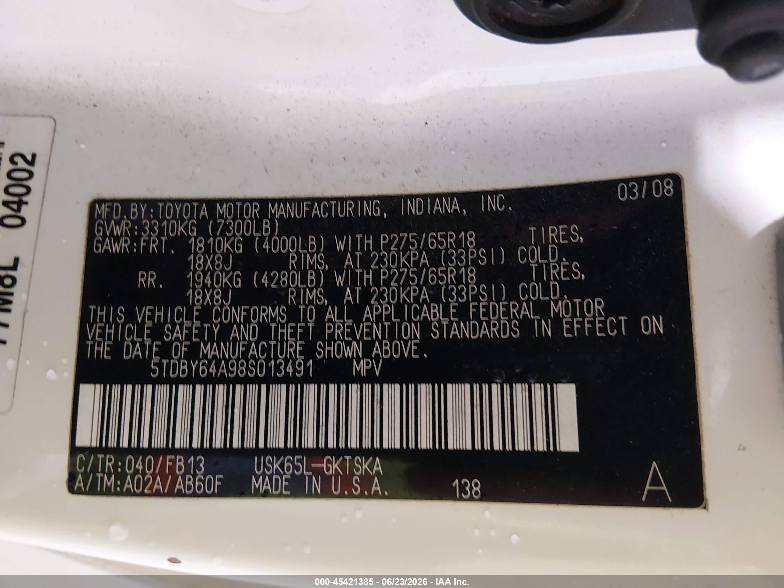 2008 Toyota Sequoia Sr5 5.7l V8 White vin: 5TDBY64A98S013491