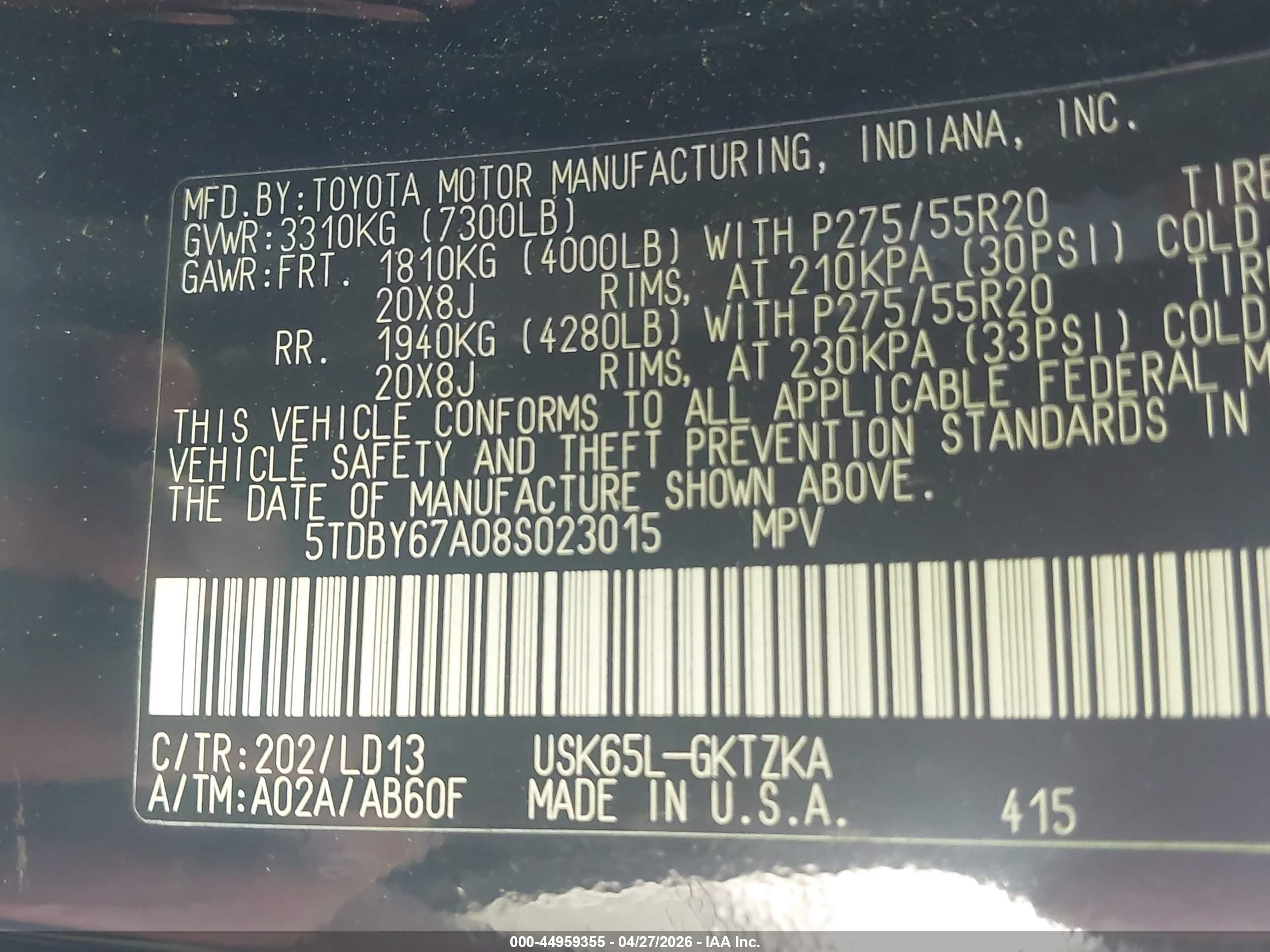 2008 Toyota Sequoia Platinum 5.7l V8 Black vin: 5TDBY67A08S023015