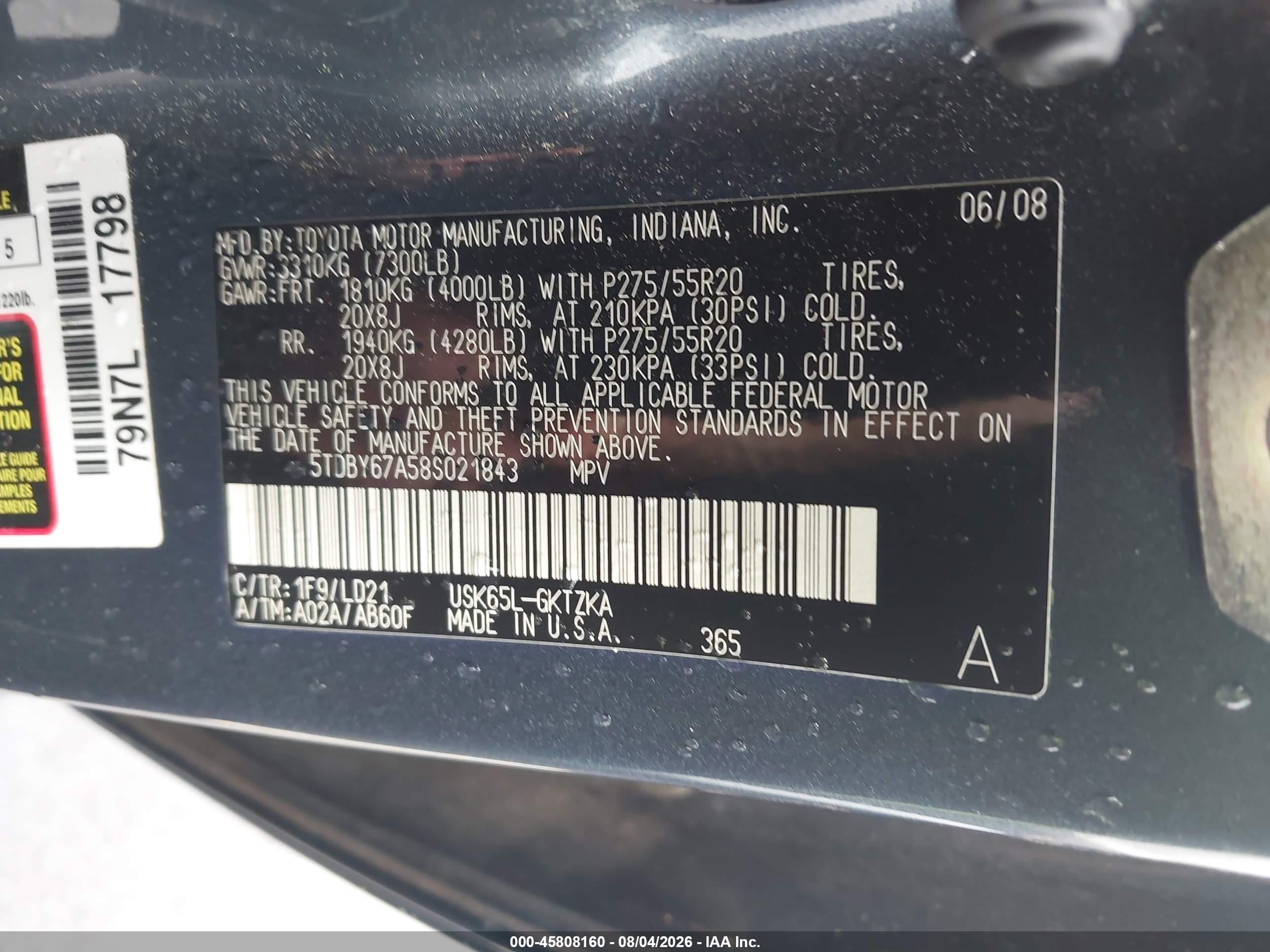 2008 Toyota Sequoia Platinum 5.7l V8 Black vin: 5TDBY67A58S021843