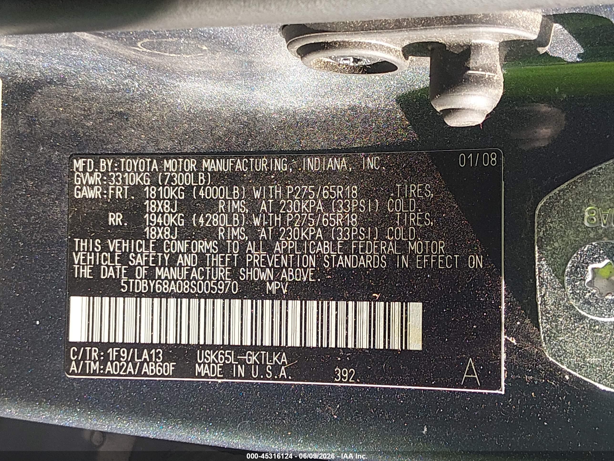 2008 Toyota Sequoia Limited 5.7l V8 Blue vin: 5TDBY68A08S005970