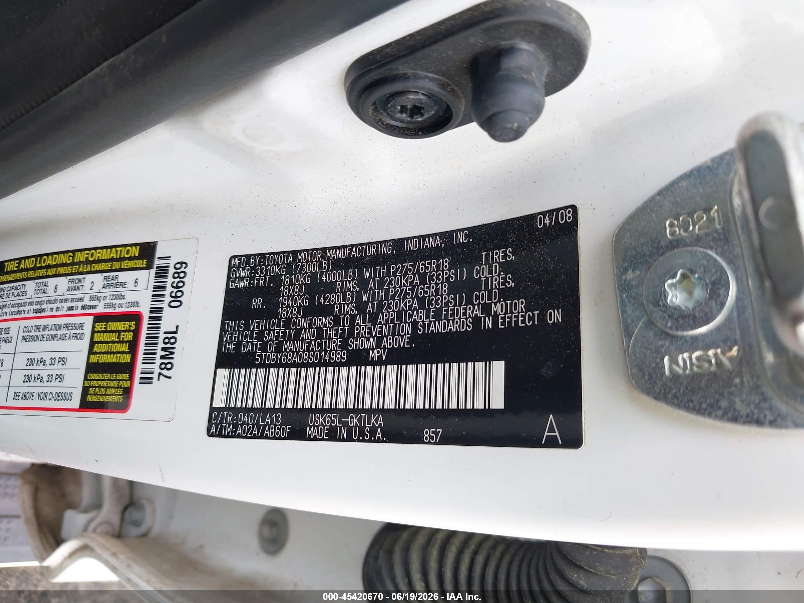 2008 Toyota Sequoia Limited 5.7l V8 Белый vin: 5TDBY68A08S014989