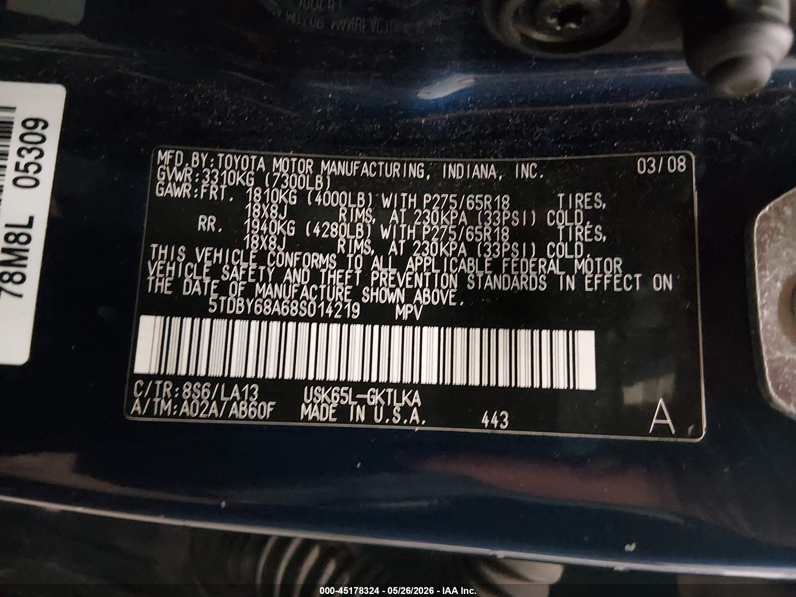 2008 Toyota Sequoia Limited 5.7l V8 Dark Blue vin: 5TDBY68A68S014219