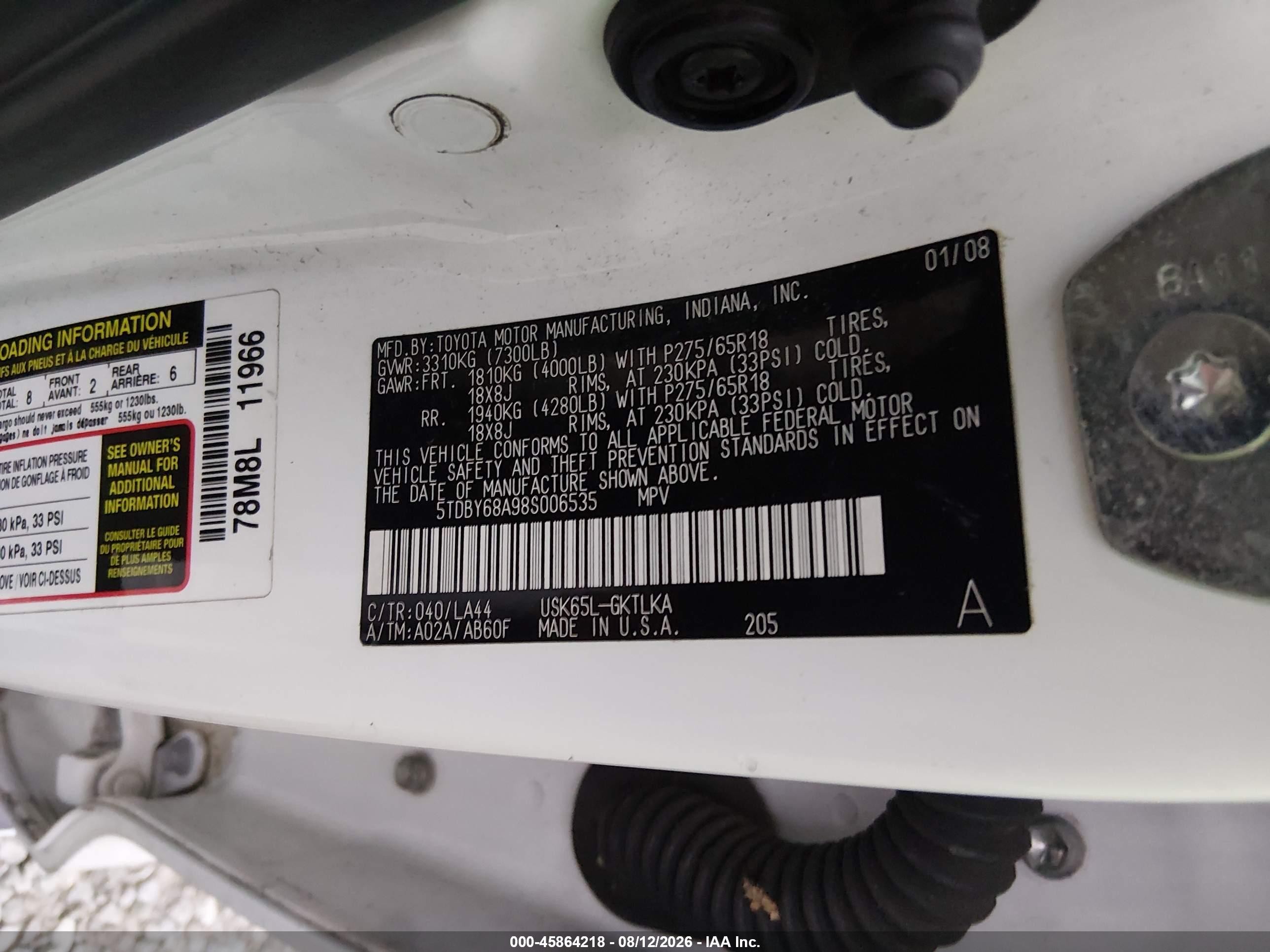 2008 Toyota Sequoia Limited 5.7l V8 Белый vin: 5TDBY68A98S006535