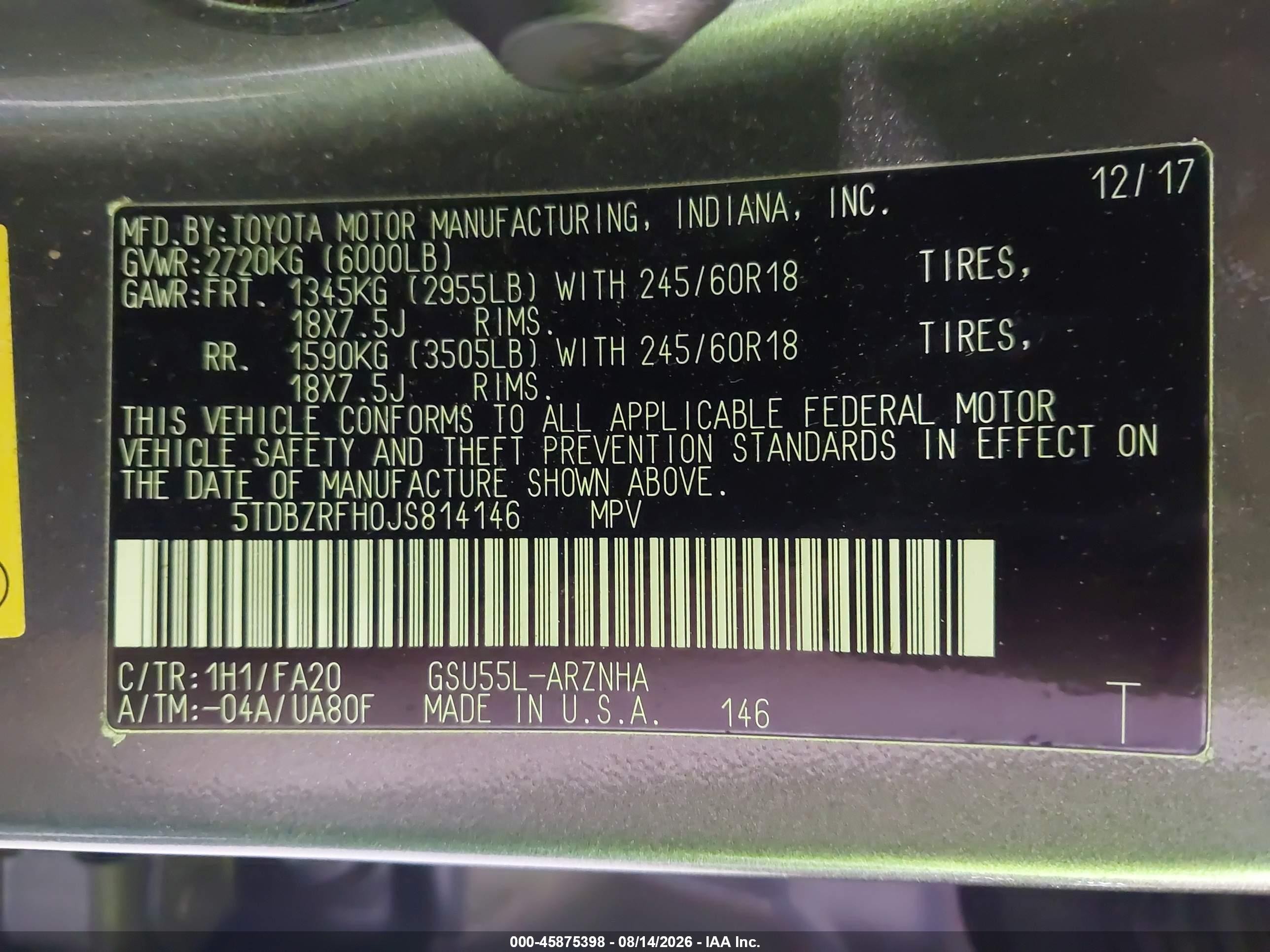 2018 Toyota Highlander Le Plus Gray vin: 5TDBZRFH0JS814146