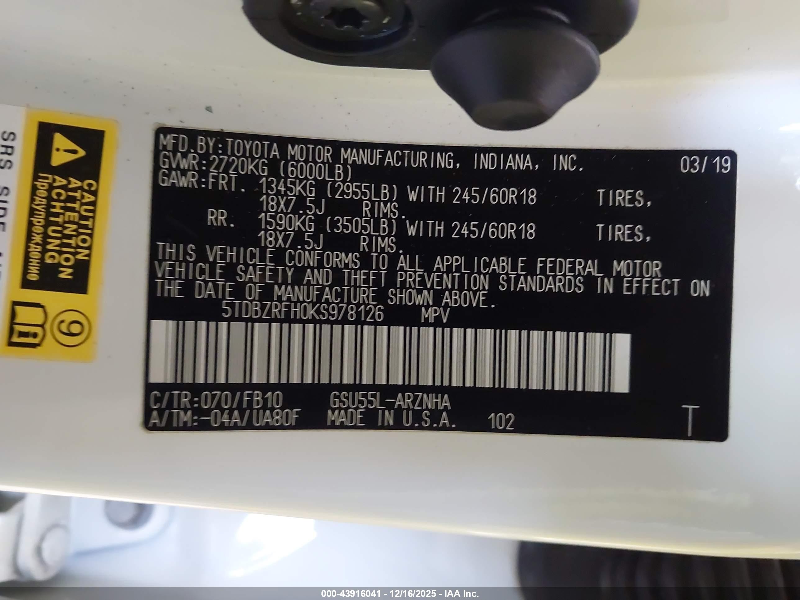 2019 Toyota Highlander Le White vin: 5TDBZRFH0KS978126