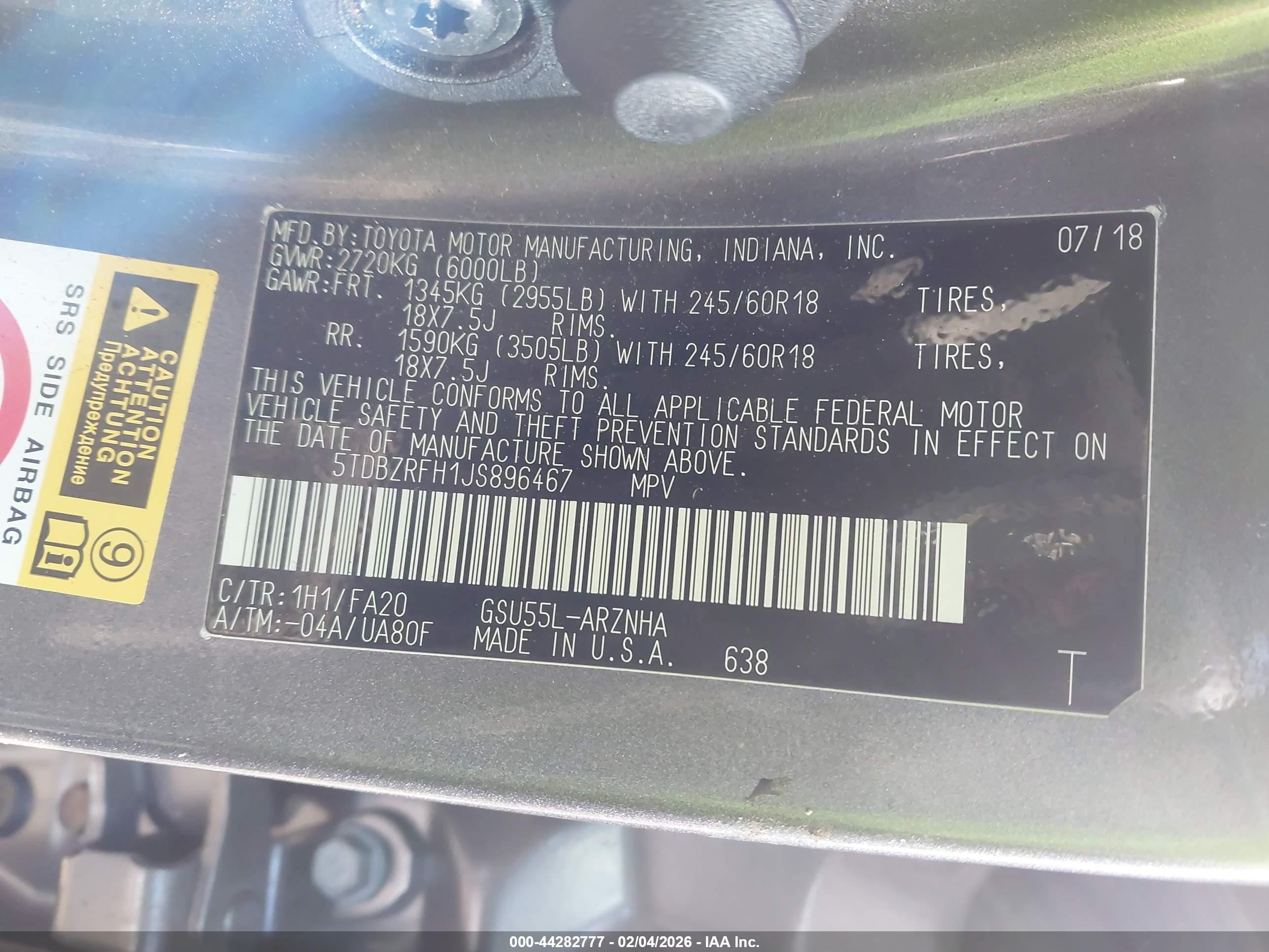 2018 Toyota Highlander Le Plus Gray vin: 5TDBZRFH1JS896467