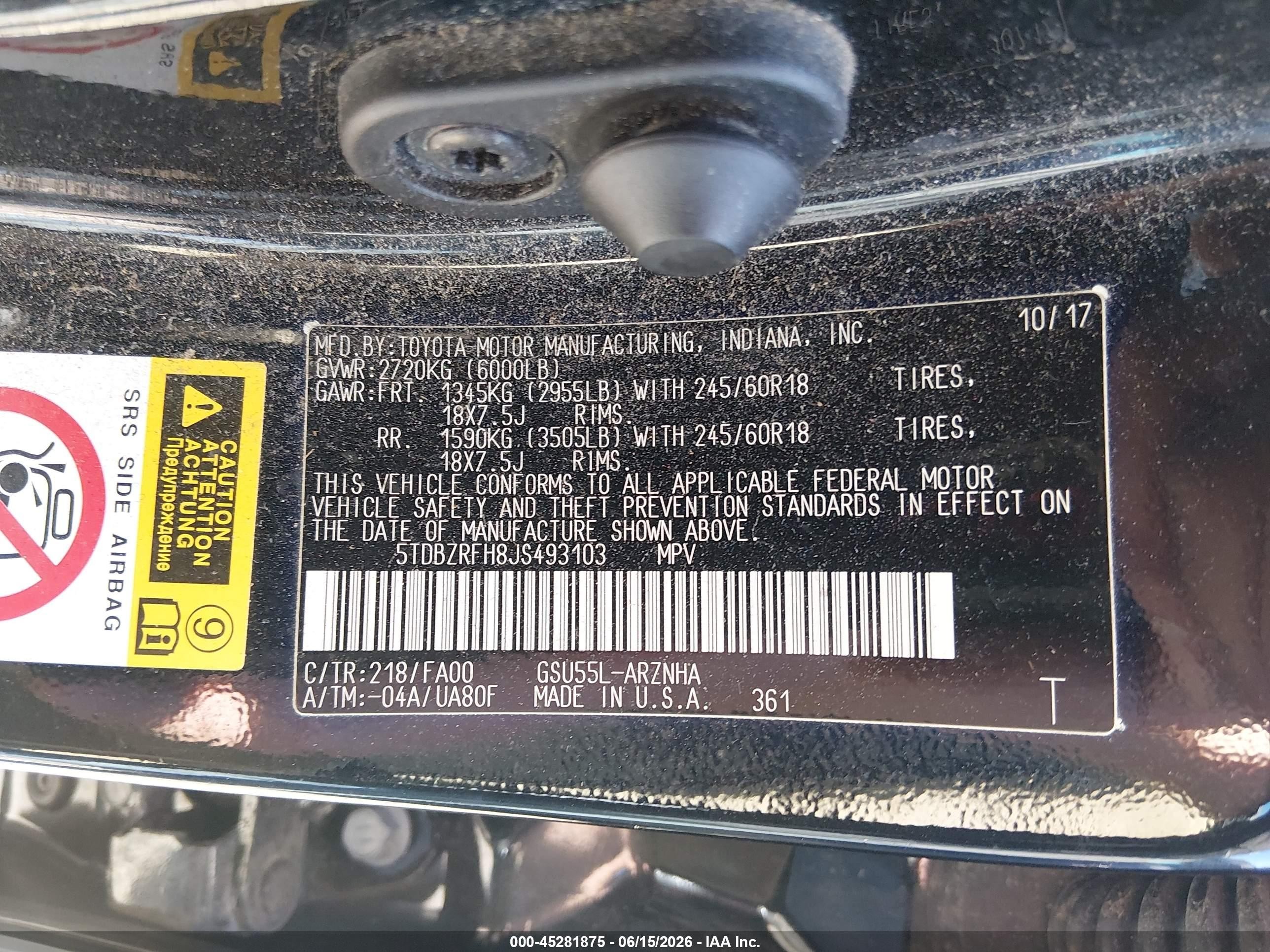 2018 Toyota Highlander Le Plus Black vin: 5TDBZRFH8JS493103