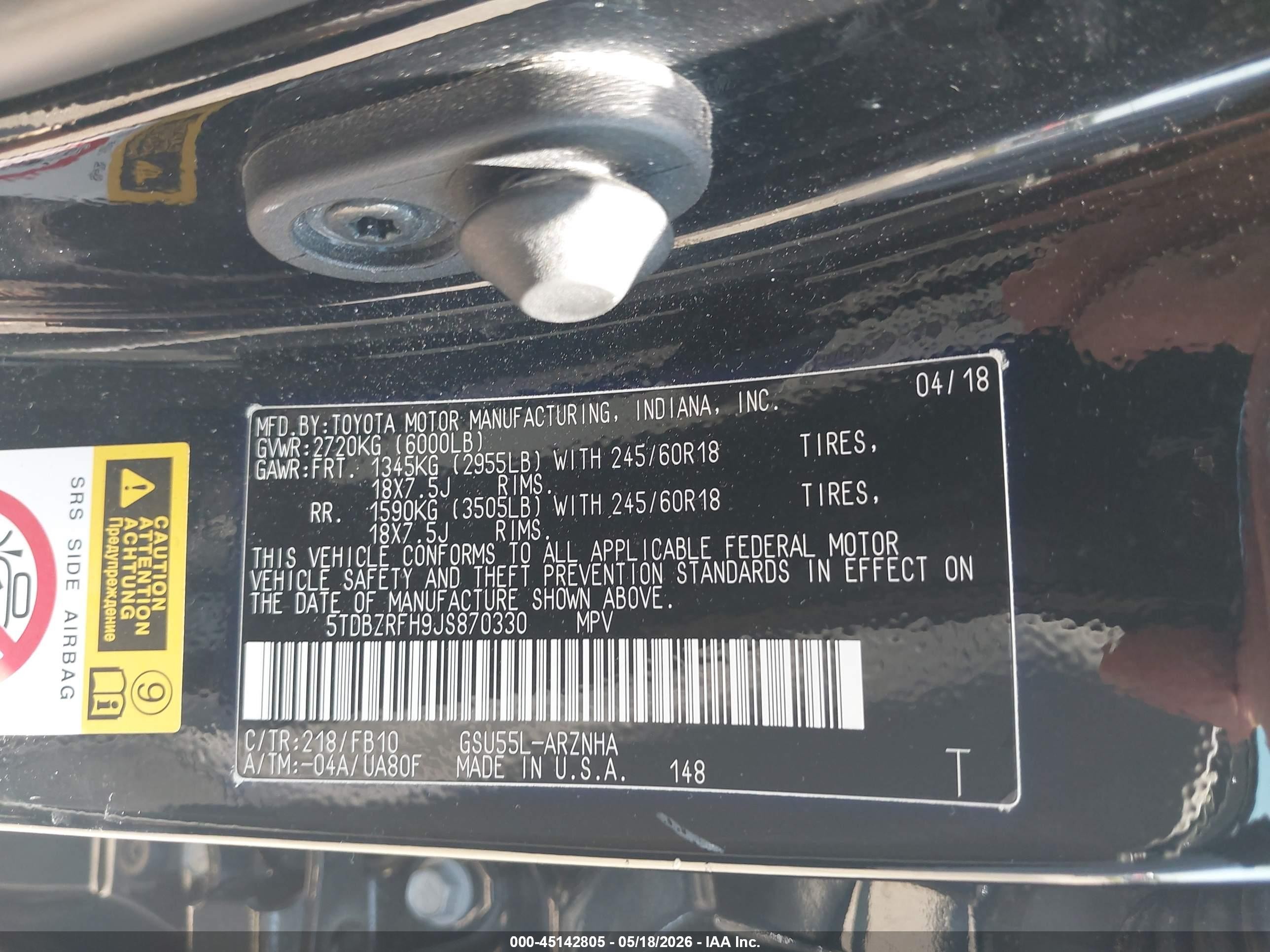 2018 Toyota Highlander Le Black vin: 5TDBZRFH9JS870330