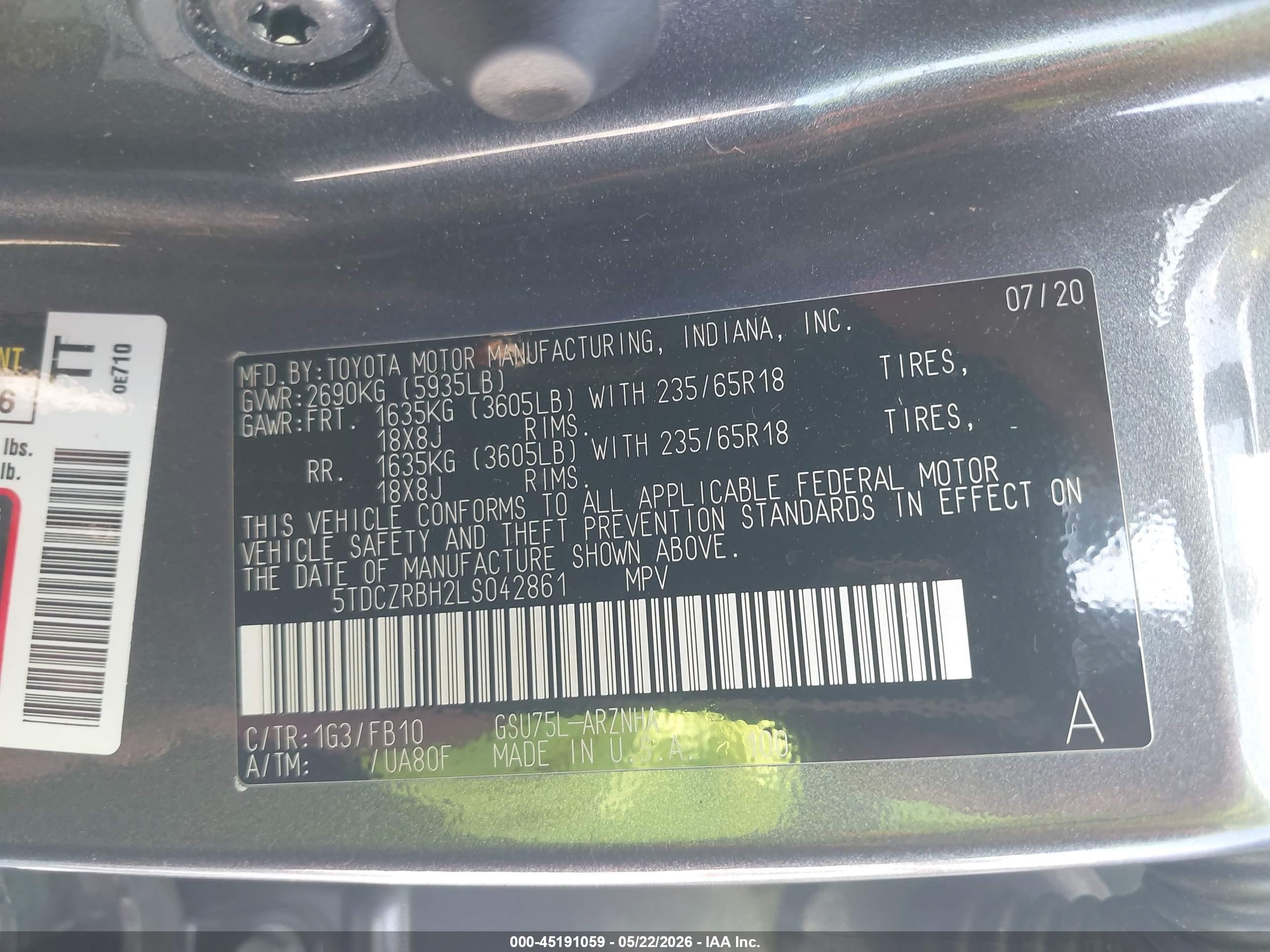 2020 Toyota Highlander L Gray vin: 5TDCZRBH2LS042861